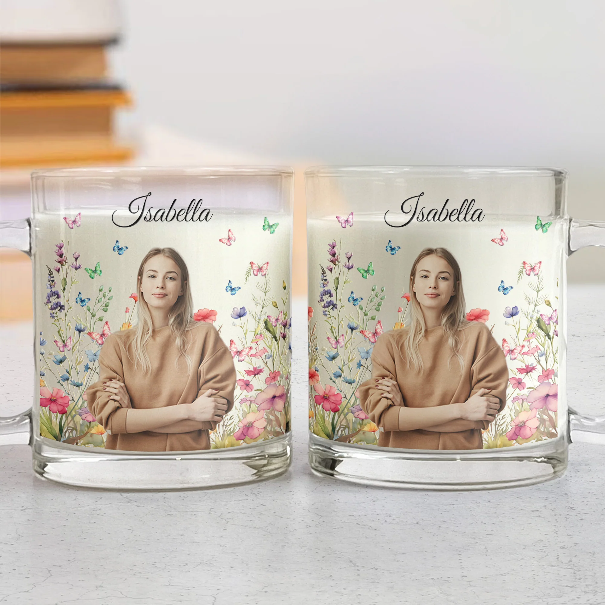 Custom Photo With Flowers - Personalized Photo Glass Mug - Image 2