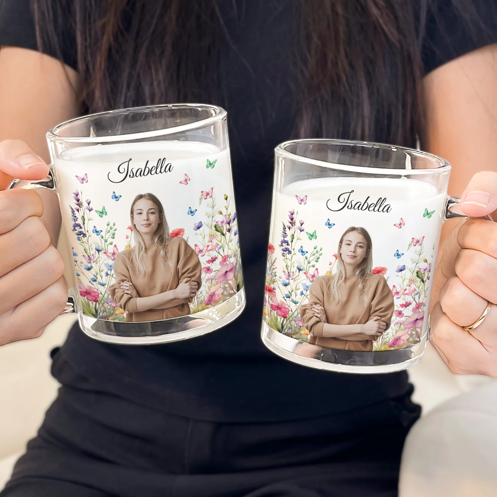 Custom Photo With Flowers - Personalized Photo Glass Mug - Image 4