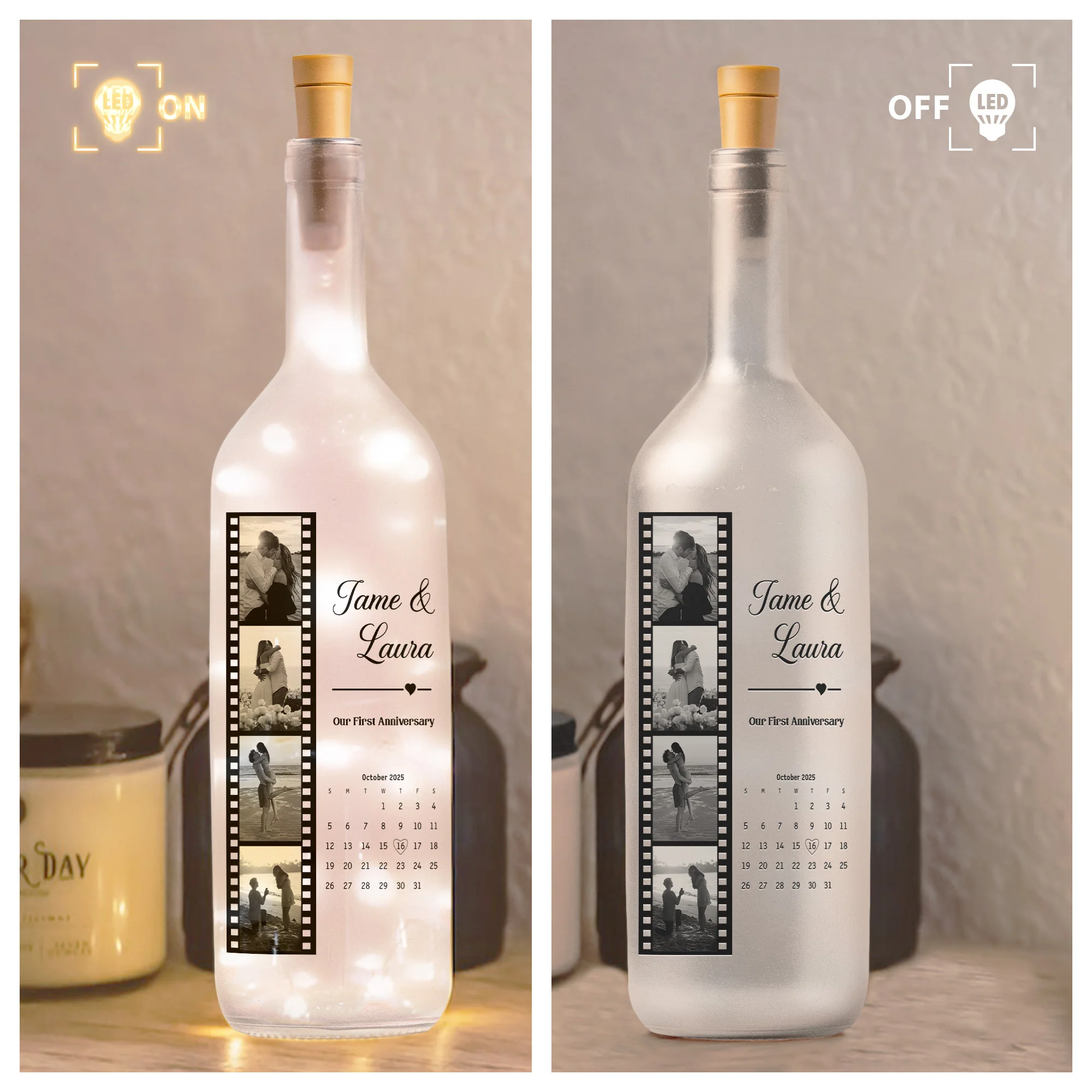 Custom Vintage Couple Photos Strip & Special Date Calendar Anniversary - Personalized Bottle Lamp - Image 4
