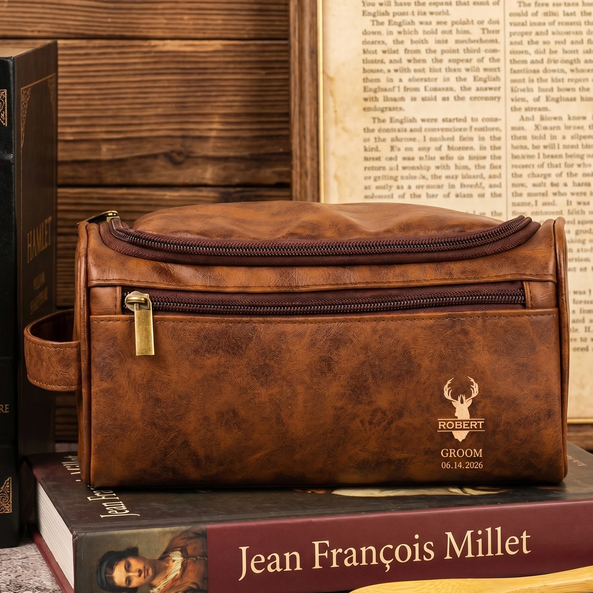 Custom Vintage Initial Name & Date For Best Man, Groomsman, Groomsmen, Groom Wedding Gifts - Personalized Leather Toiletry Bag - Image 3