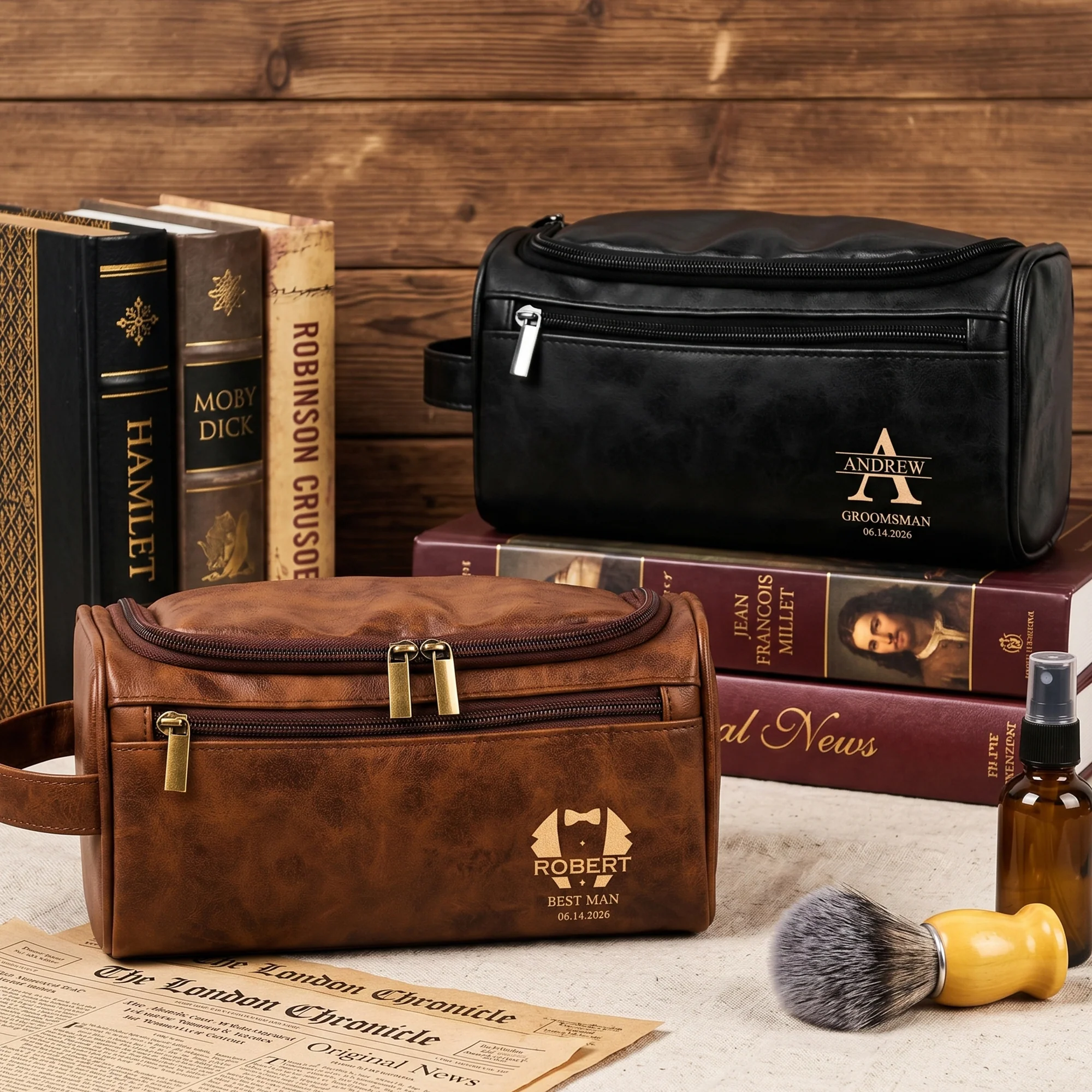 Custom Vintage Initial Name & Date For Best Man, Groomsman, Groomsmen, Groom Wedding Gifts - Personalized Leather Toiletry Bag - Image 4