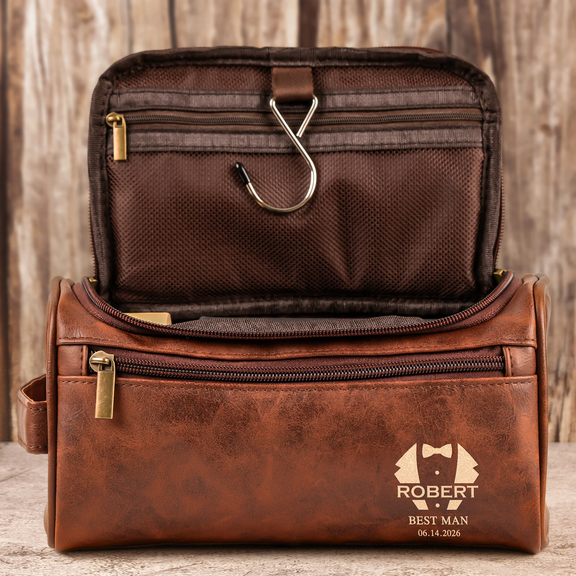 Custom Vintage Initial Name & Date For Best Man, Groomsman, Groomsmen, Groom Wedding Gifts - Personalized Leather Toiletry Bag - Image 5