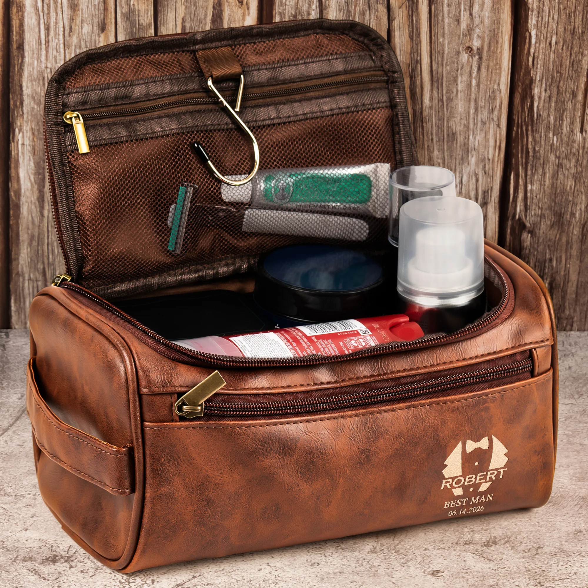 Custom Vintage Initial Name & Date For Best Man, Groomsman, Groomsmen, Groom Wedding Gifts - Personalized Leather Toiletry Bag - Image 6