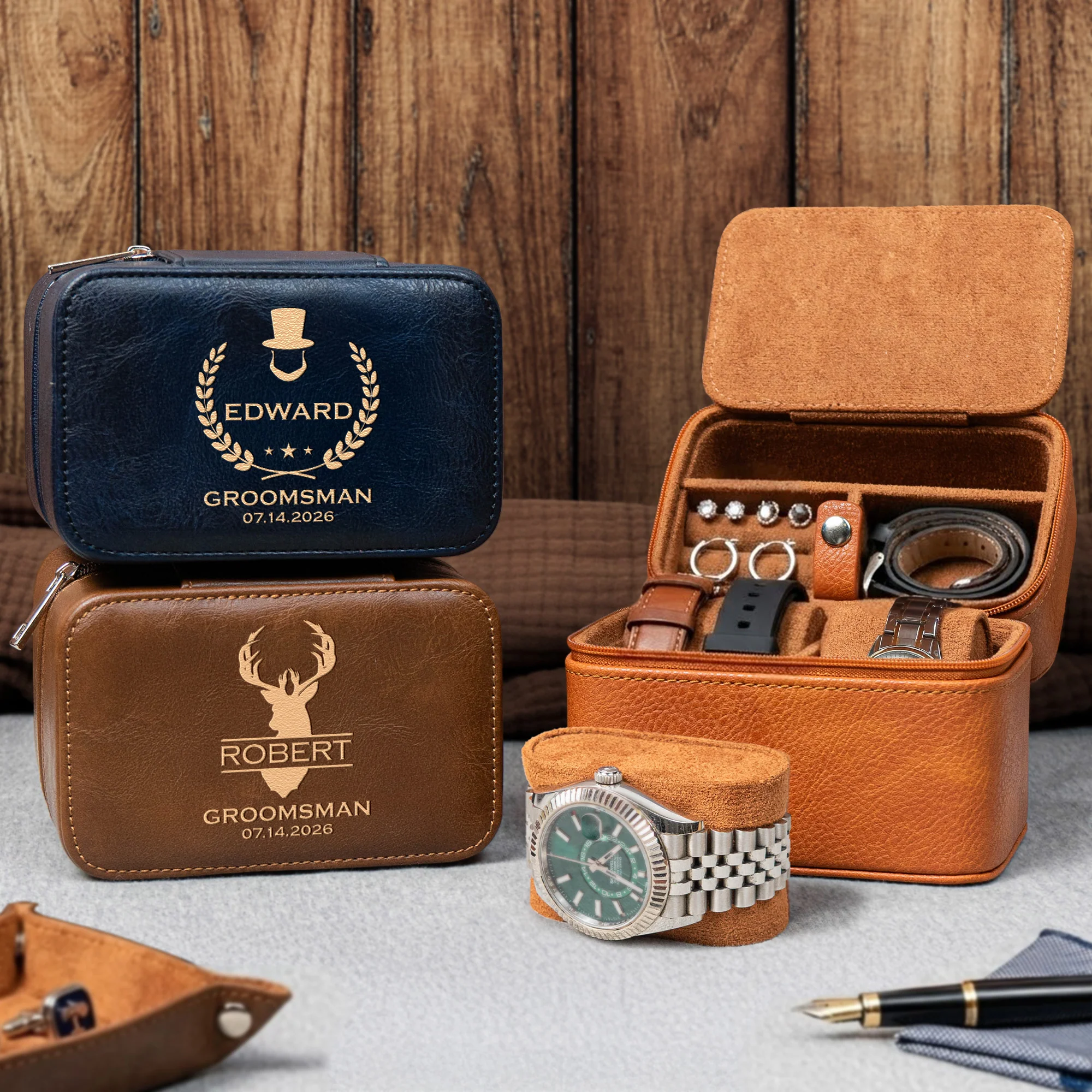 Custom Vintage Initial Name & Date For Best Man, Groomsmen, Groom Wedding Gifts - Personalized Watch Travel Case - Image 2
