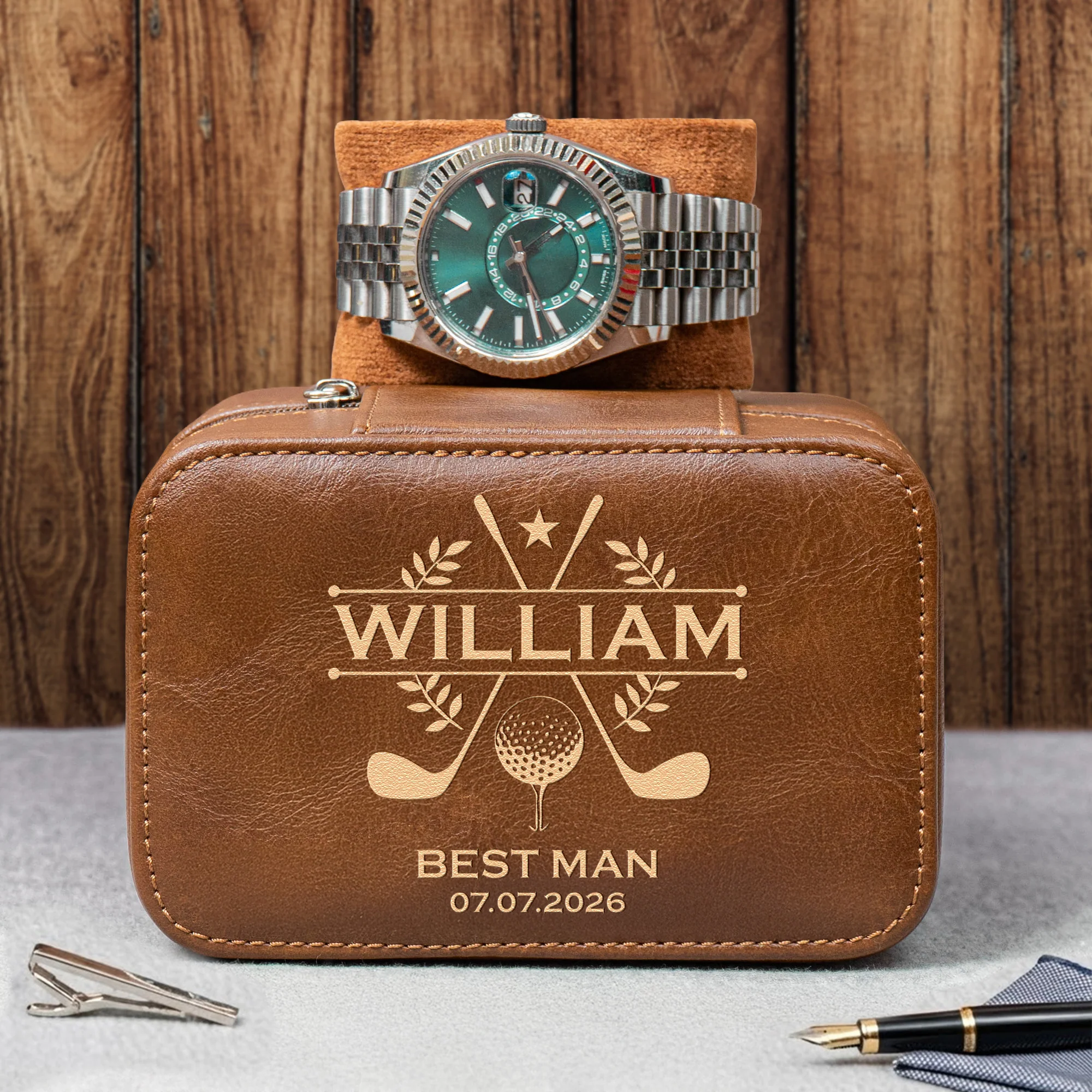 Custom Vintage Initial Name & Date For Best Man, Groomsmen, Groom Wedding Gifts - Personalized Watch Travel Case - Image 4