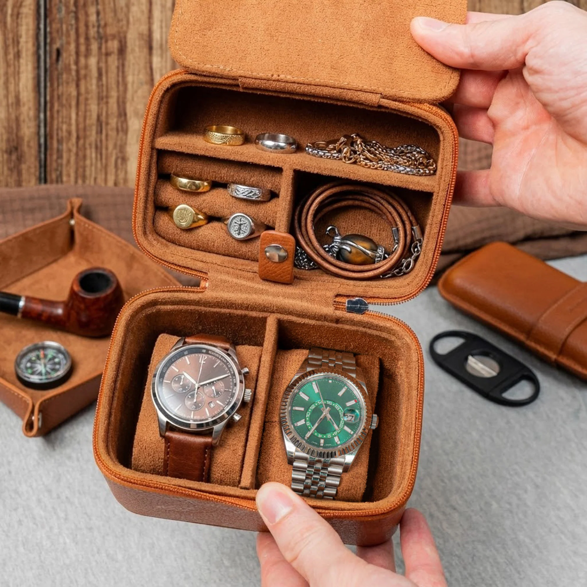 Custom Vintage Monogram Family Name, Couples Initial For Him, Men, Husband - Personalized Watch Travel Case - Image 3