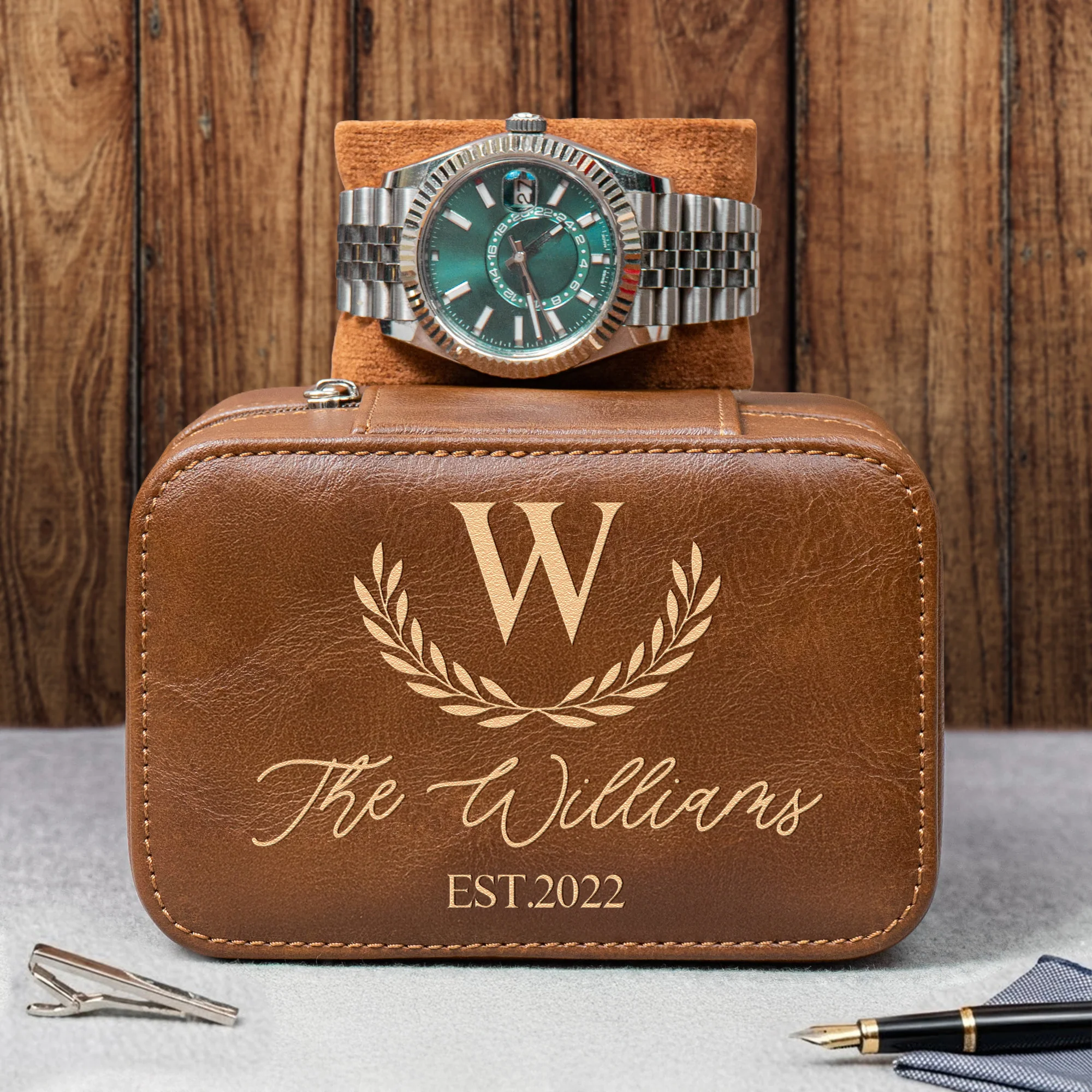 Custom Vintage Monogram Family Name, Couples Initial For Him, Men, Husband - Personalized Watch Travel Case - Image 4