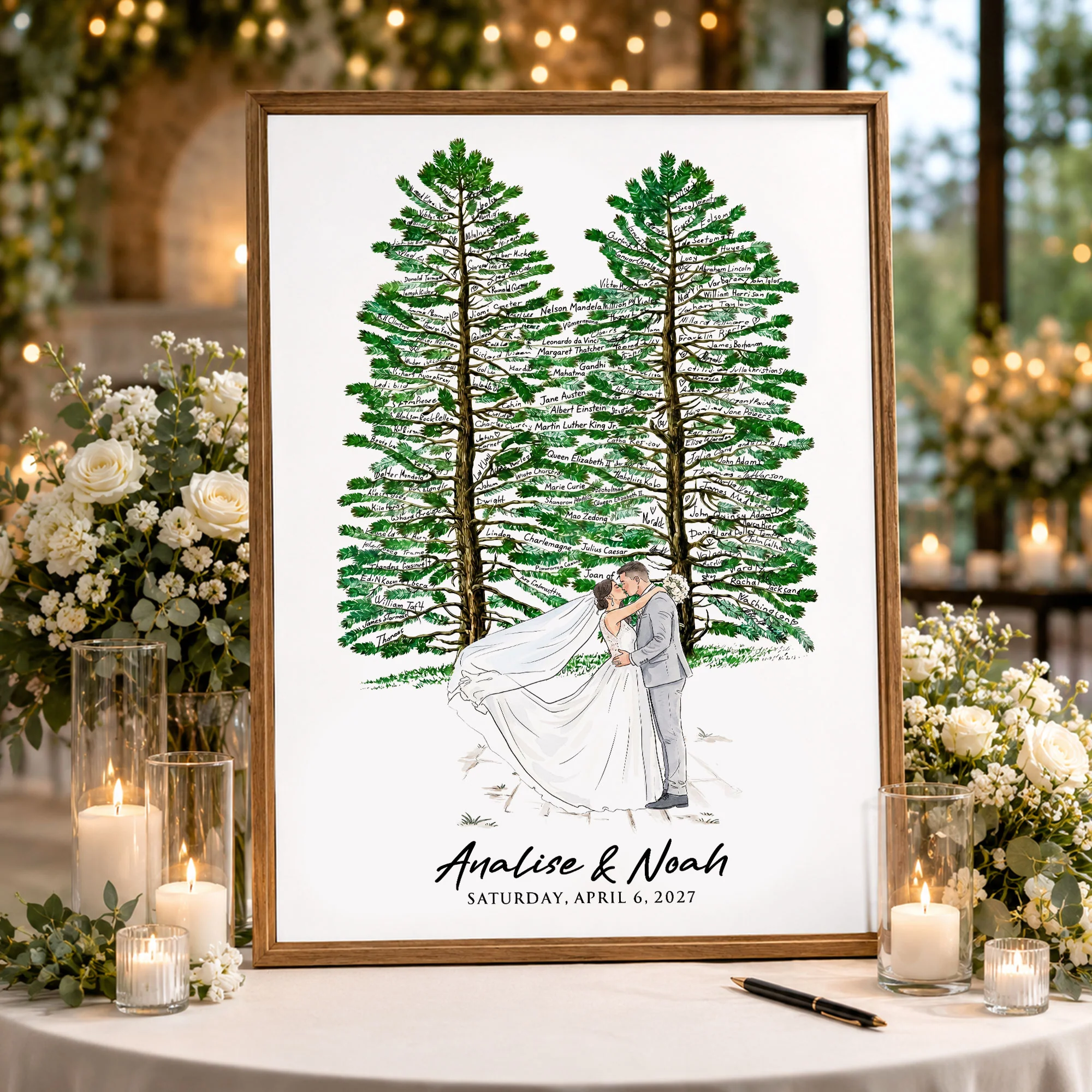 Custom Wedding Venue Guest Book Alternative Pine Tree Art, Couple Portrait Photo Wedding Sign - Personalized Poster - Image 2
