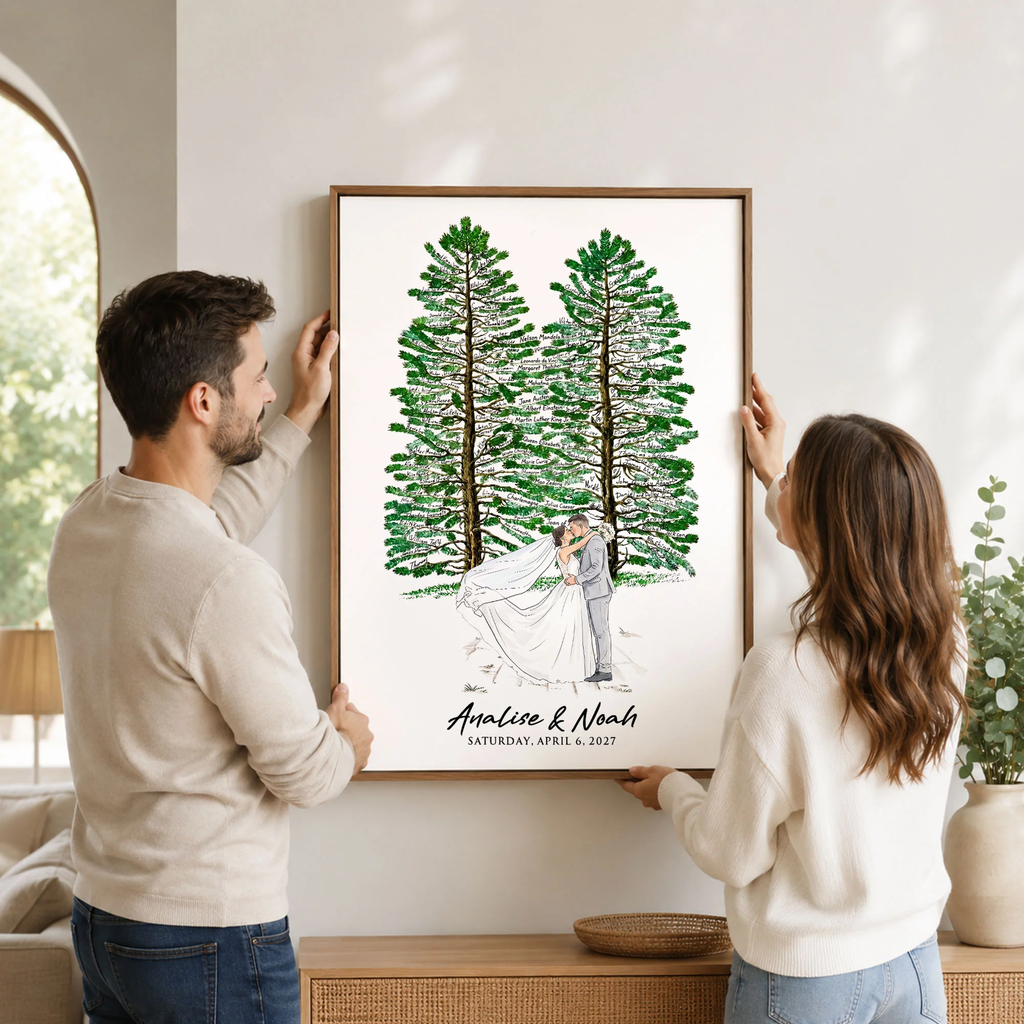 Custom Wedding Venue Guest Book Alternative Pine Tree Art, Couple Portrait Photo Wedding Sign - Personalized Poster - Image 6