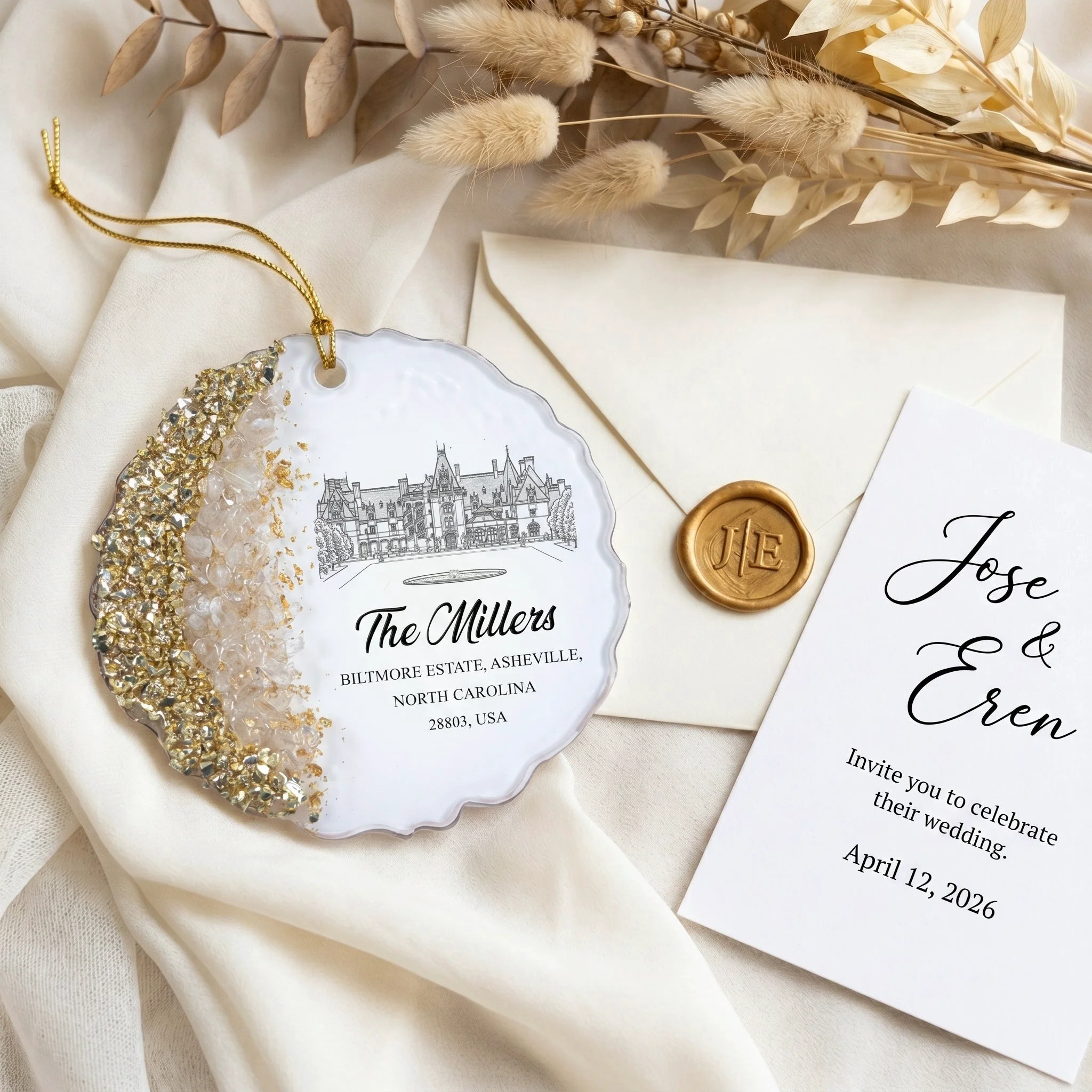 Custom Wedding Venue Photo, Toile Illustrated Venue Favors Guest Gifts - Personalized Resin Ornament - Image 6