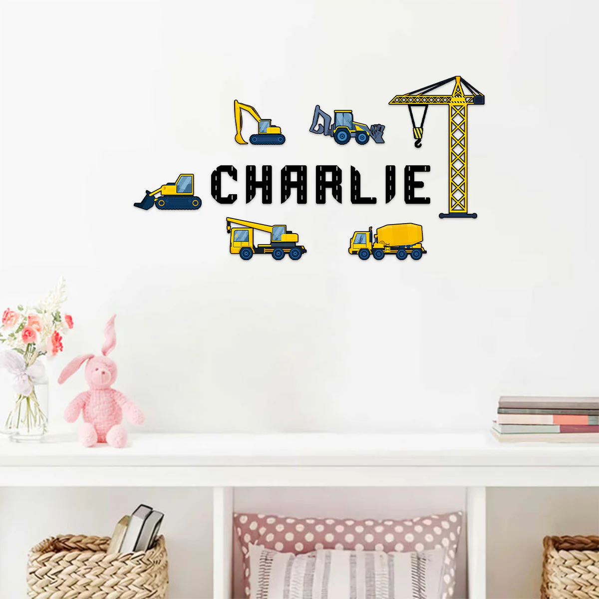 Customizing Kid Name With Construction Trucks Wall Decals - Personalized Decal