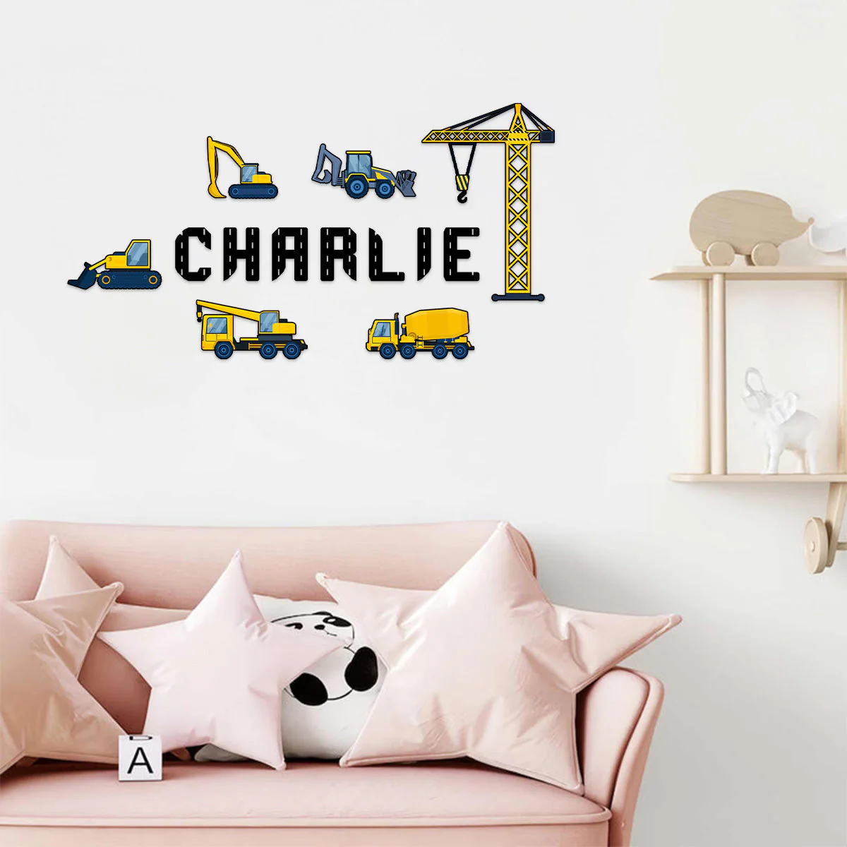 Customizing Kid Name With Construction Trucks Wall Decals - Personalized Decal - Image 2