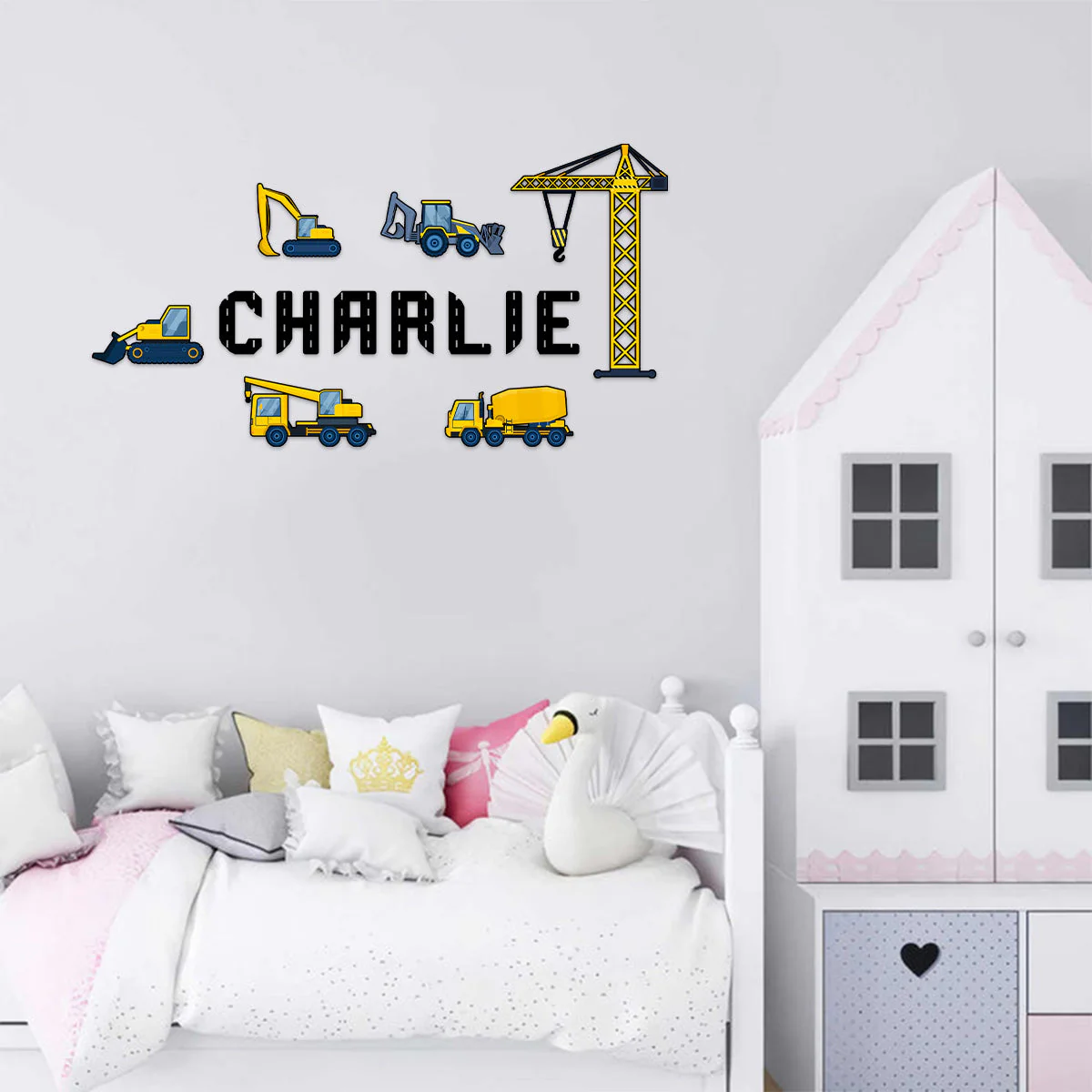Customizing Kid Name With Construction Trucks Wall Decals - Personalized Decal - Image 3