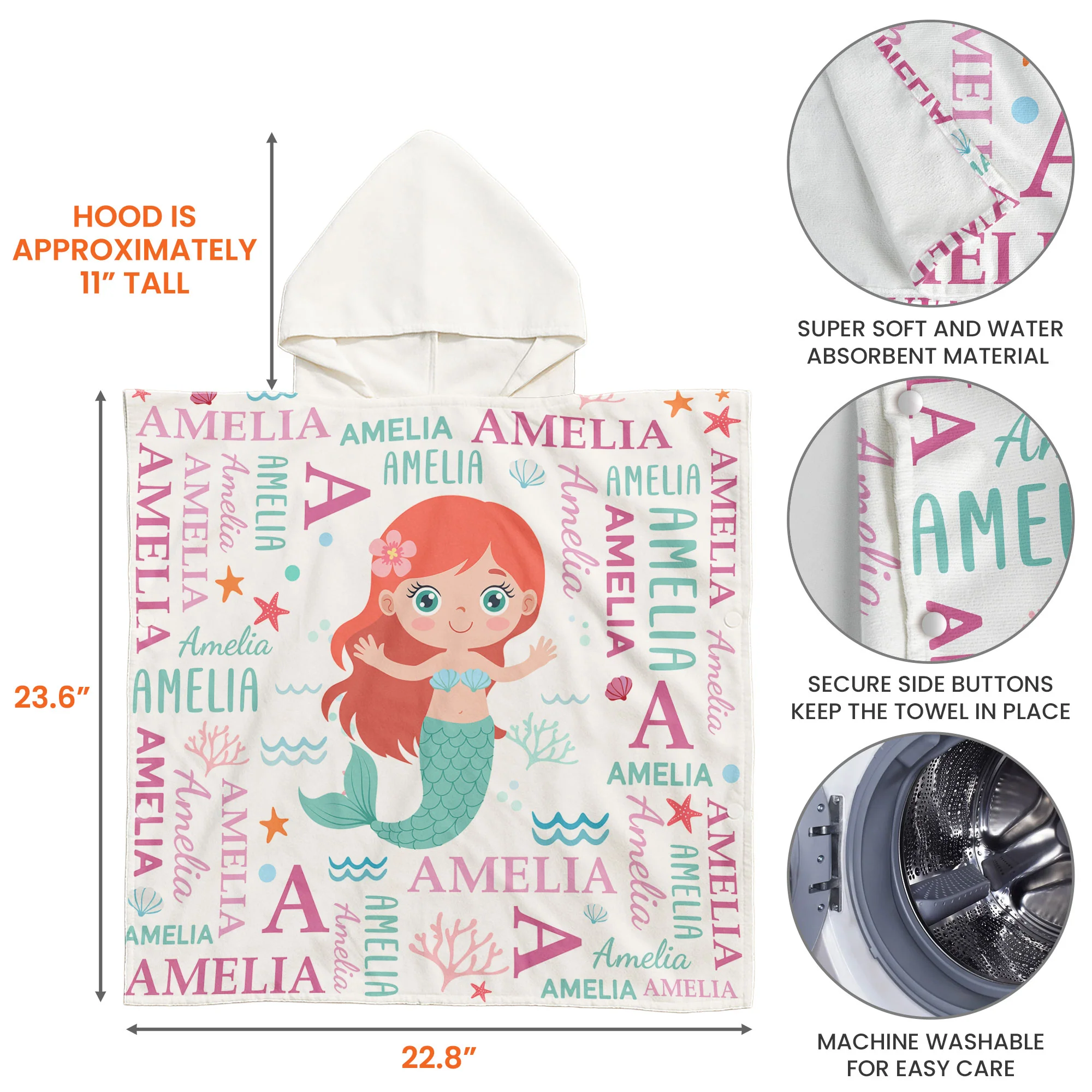 Cute And Beachy Custom Name - Personalized Kids Hooded Towel - Image 6