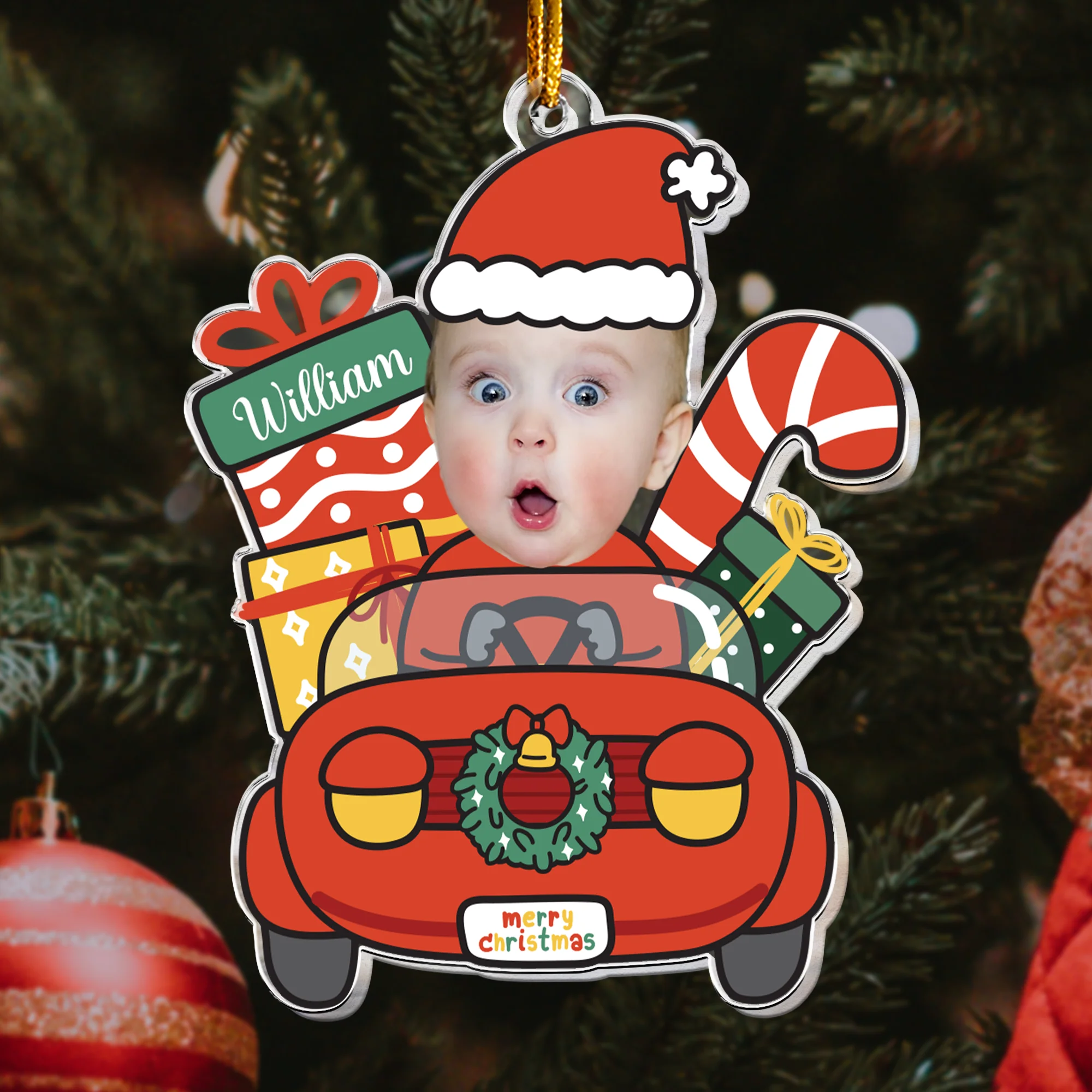Cute Baby Santa Claus Drive Christmas Car - Personalized Acrylic Photo Ornament - Image 2