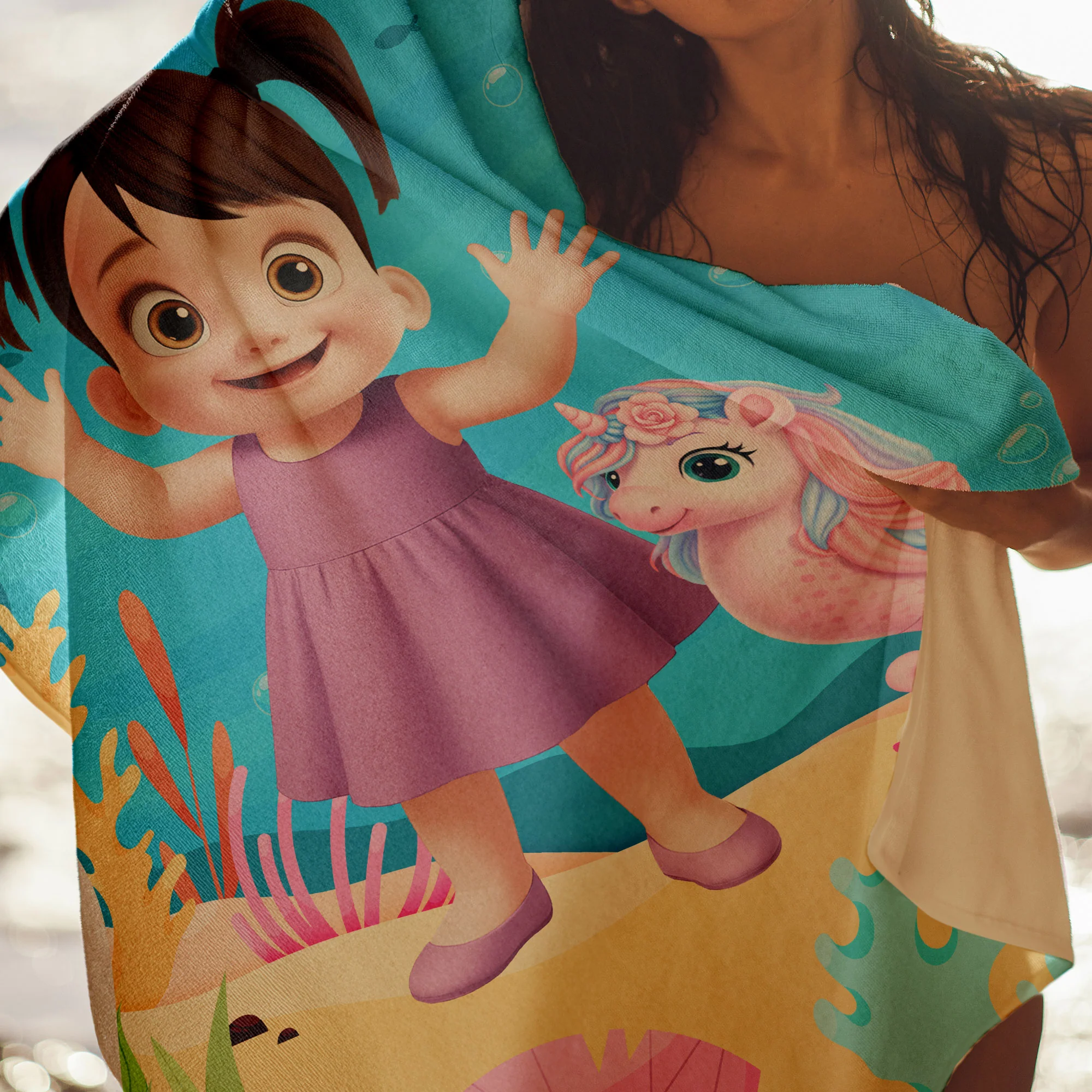 Cute Cartoon Kid With Sea Animal - Personalized Quick-Dry Beach Towel - Image 6