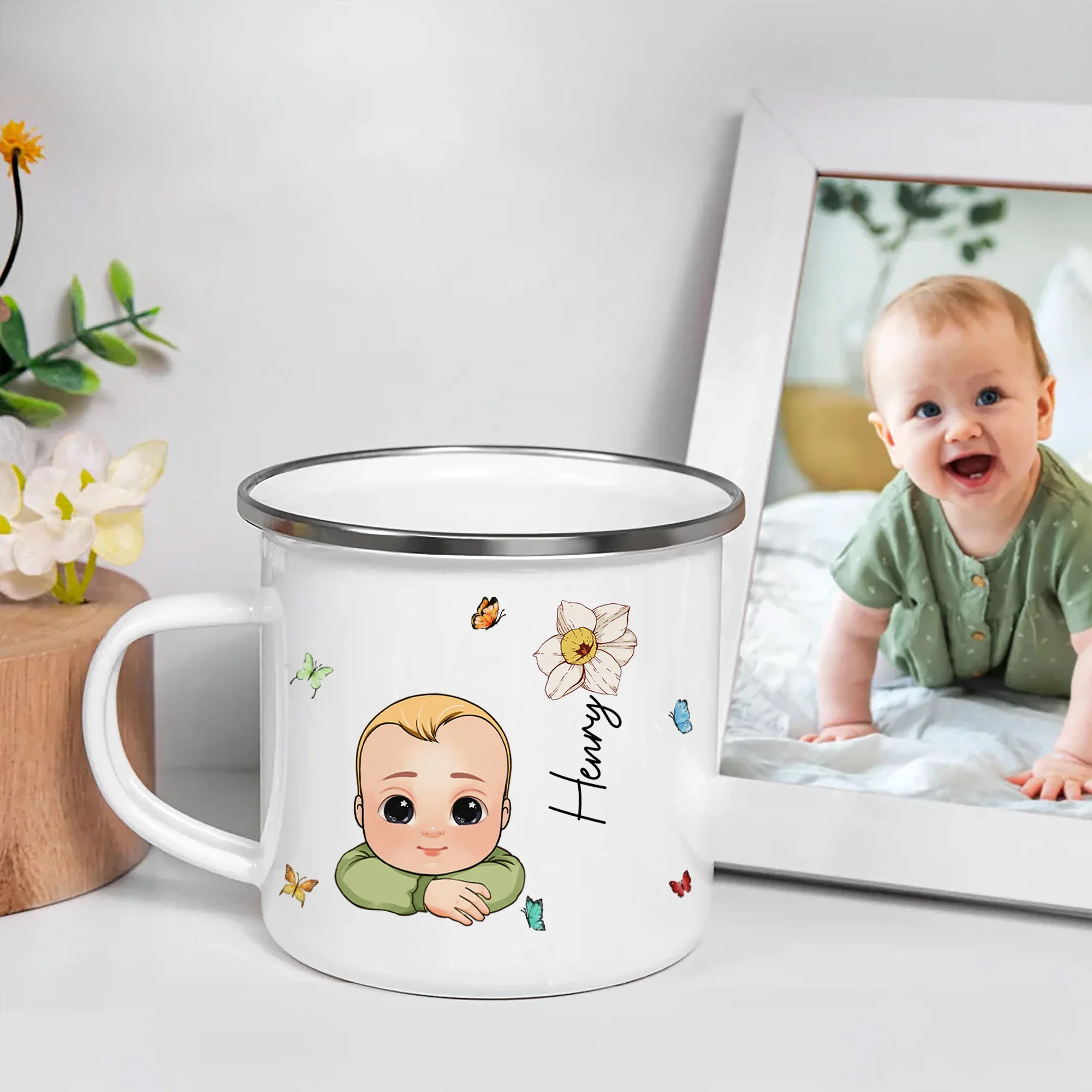 Cute Kid Birth Flower - Personalized Enamel Mug - Image 3