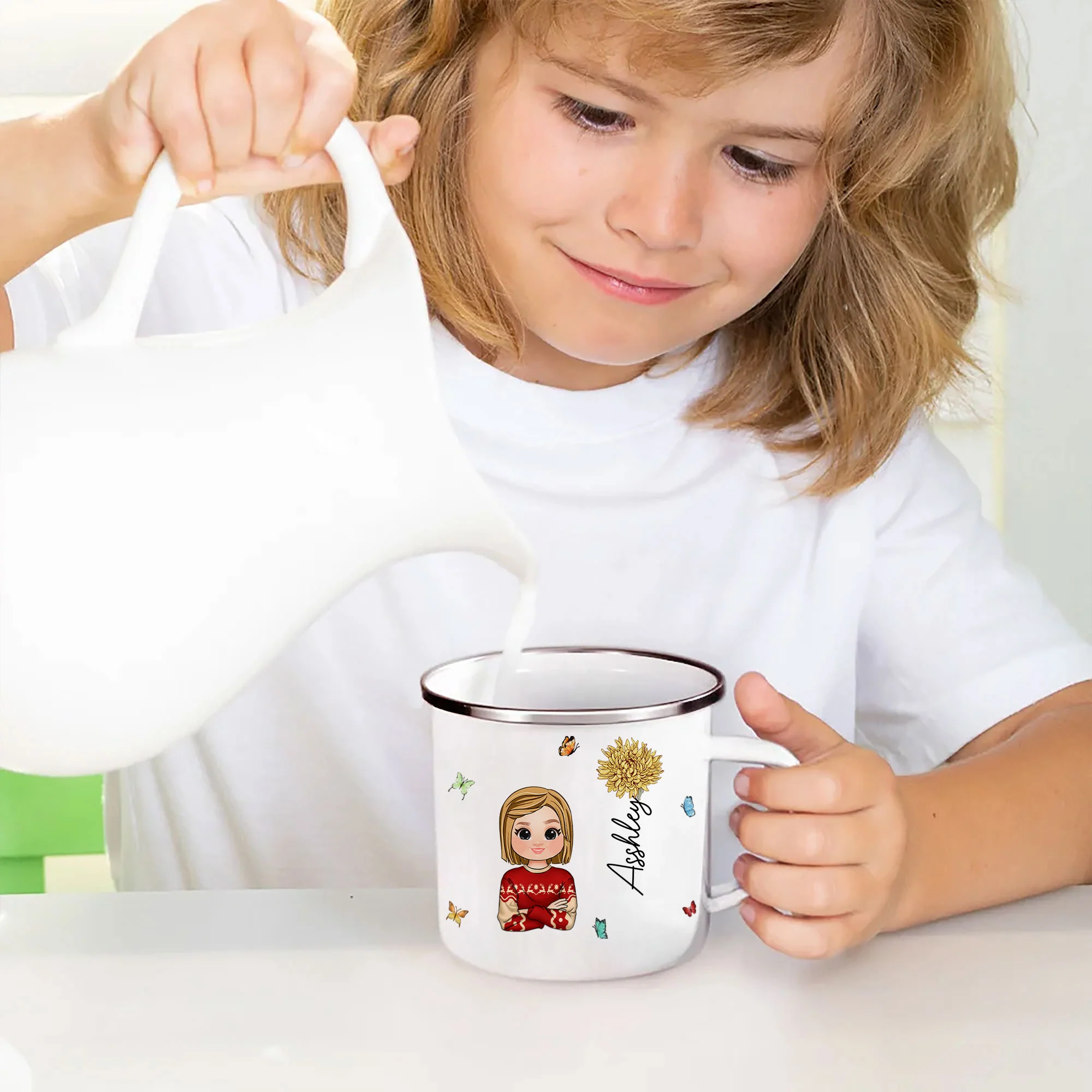 Cute Kid Birth Flower - Personalized Enamel Mug - Image 4