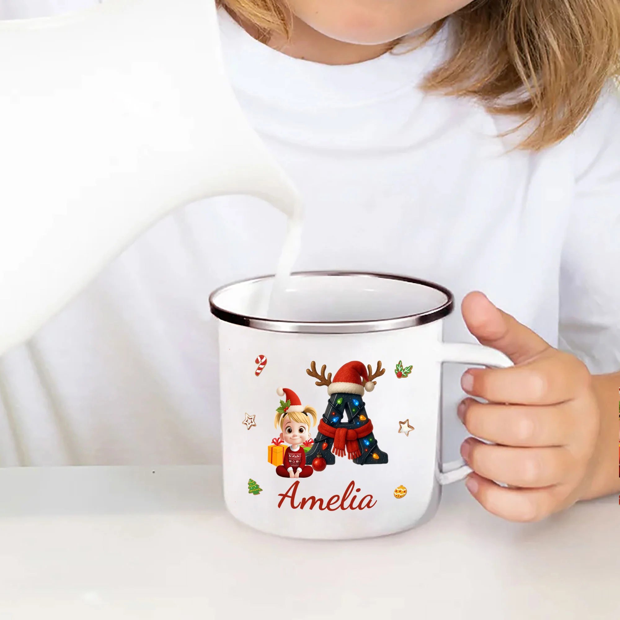 Cute Kid Name Christmas Alphabet - Personalized Enamel Mug - Image 2