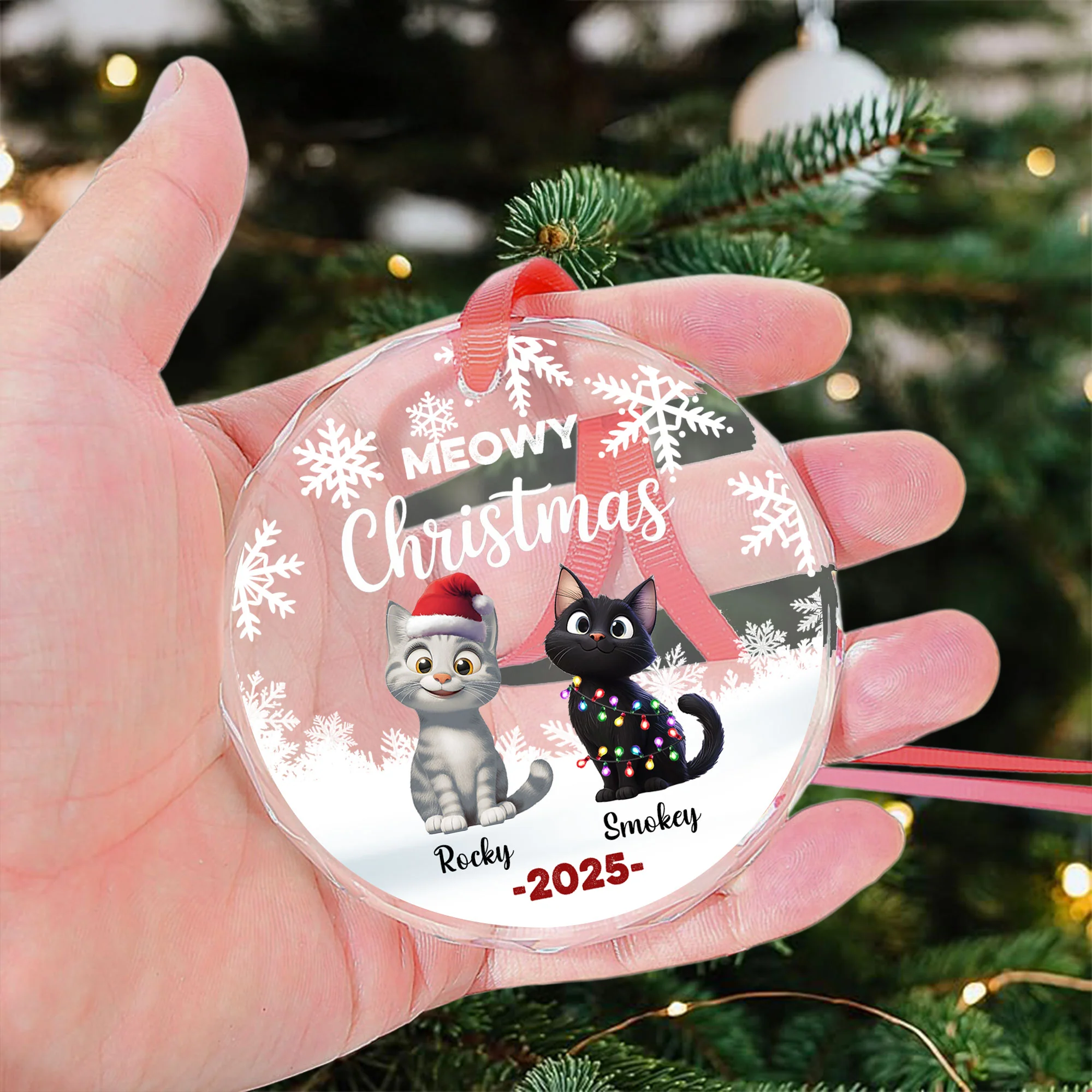 Cute Meowy Christmas - Personalized Glass Ornament - Image 3