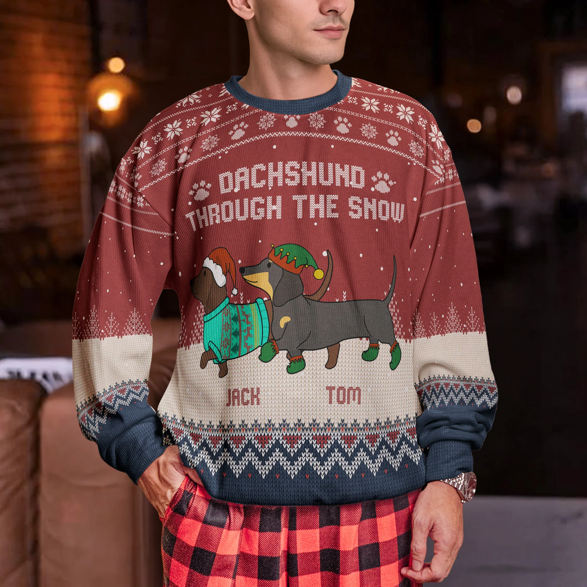 Dachshund Through The Snow - Personalized Ugly Sweater - Image 5