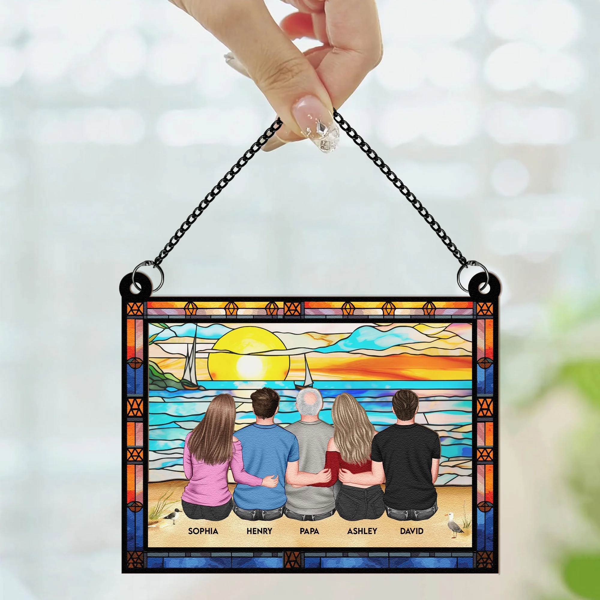 Dad & Children Sitting On The Beach - Personalized Window Hanging Suncatcher Ornament - Image 2