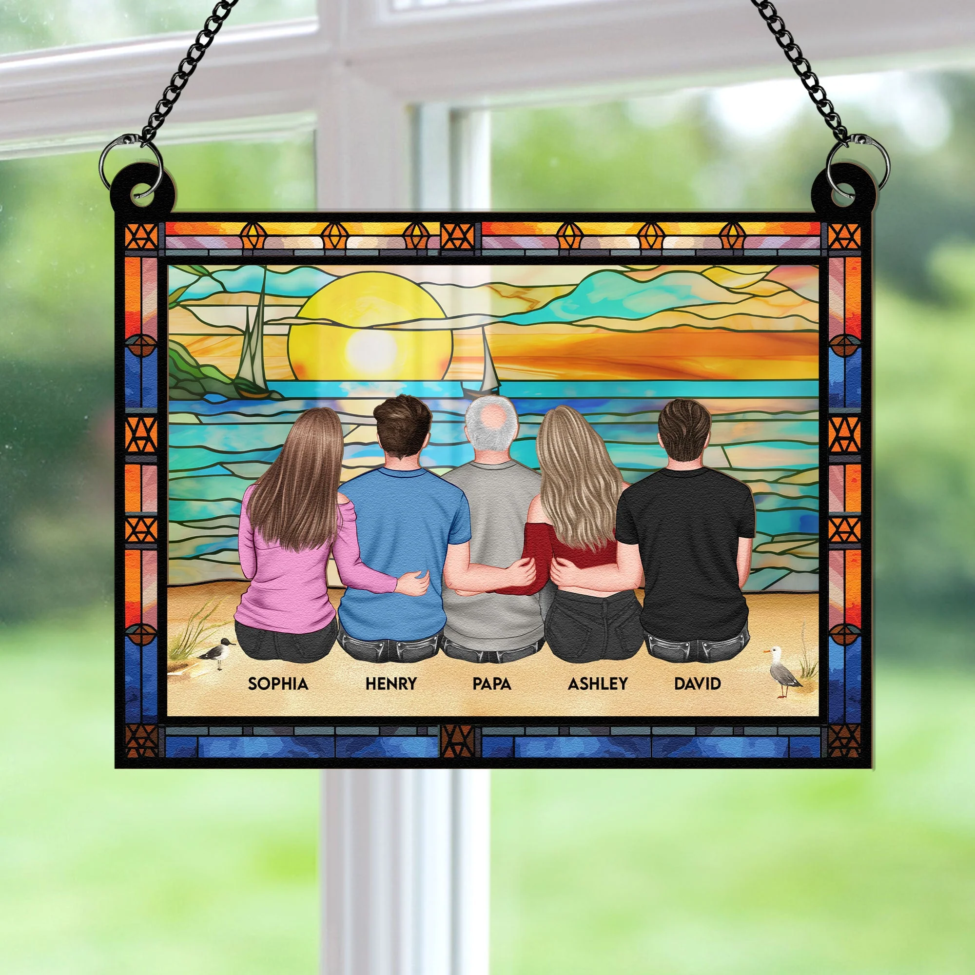Dad & Children Sitting On The Beach - Personalized Window Hanging Suncatcher Ornament - Image 3
