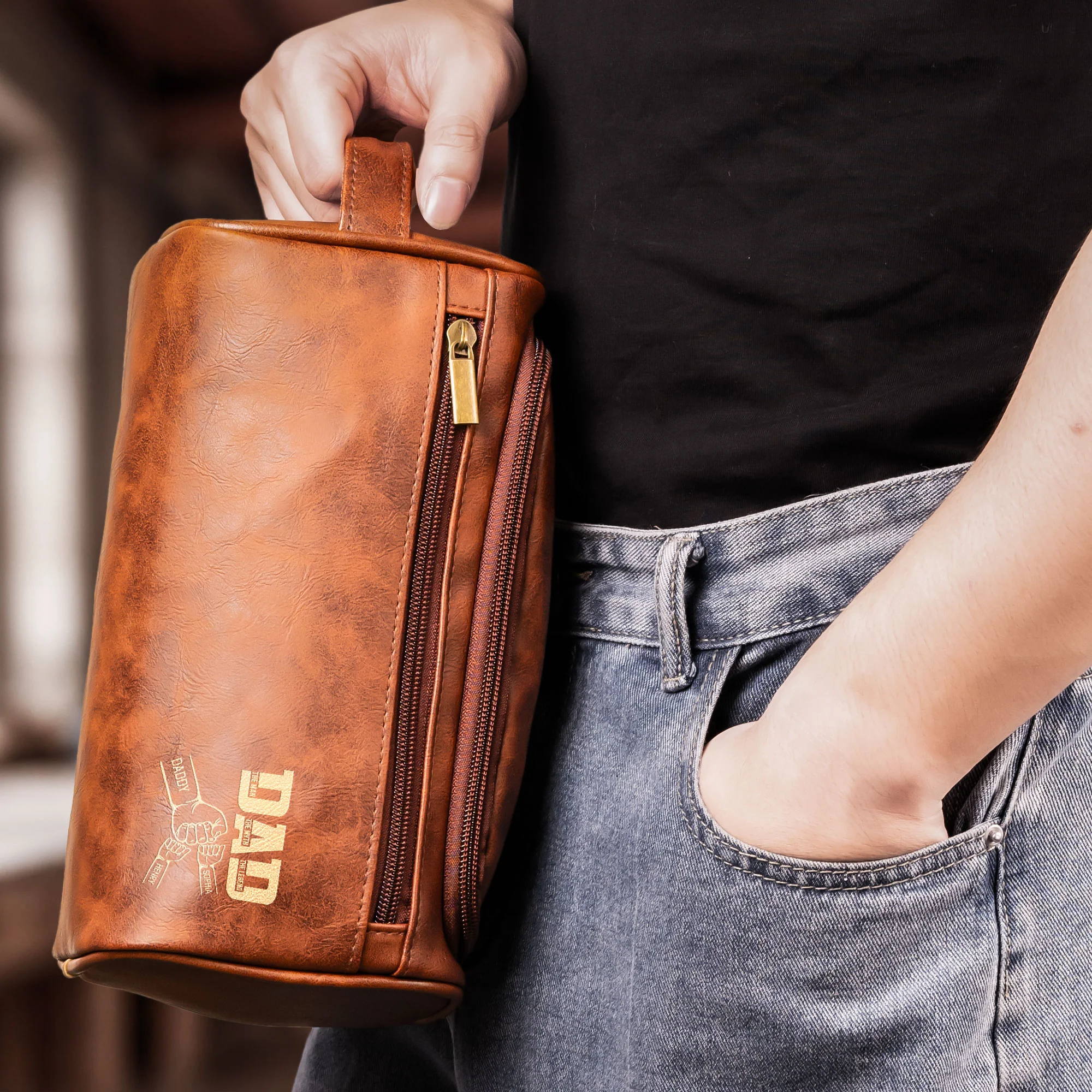 Dad The Man The Myth The Legend Fist Bump - Personalized Leather Toiletry Bag - Image 4