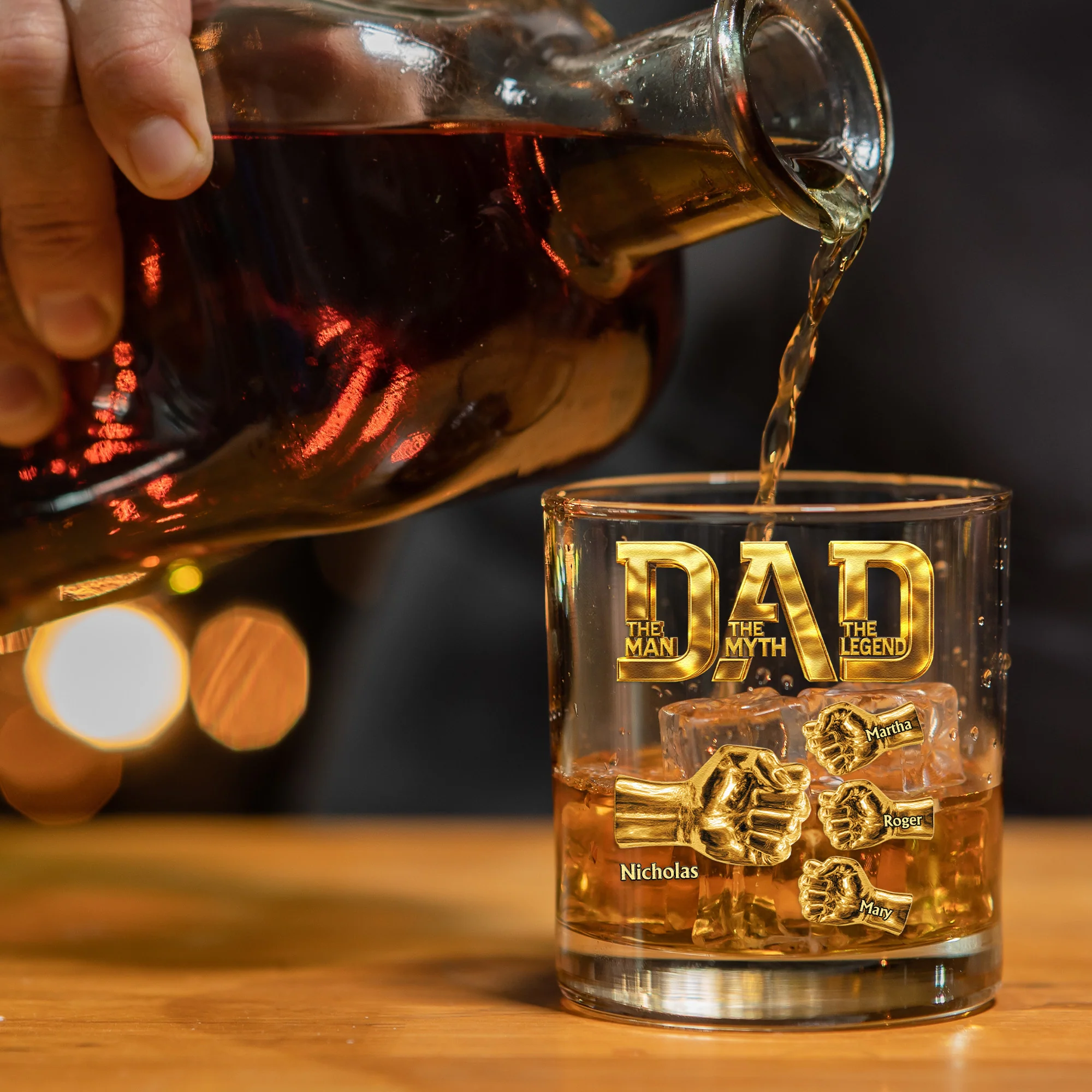 Dad The Man The Myth The Legend - Fist Bump With Kids Names - Personalized Whiskey Glass - Image 4