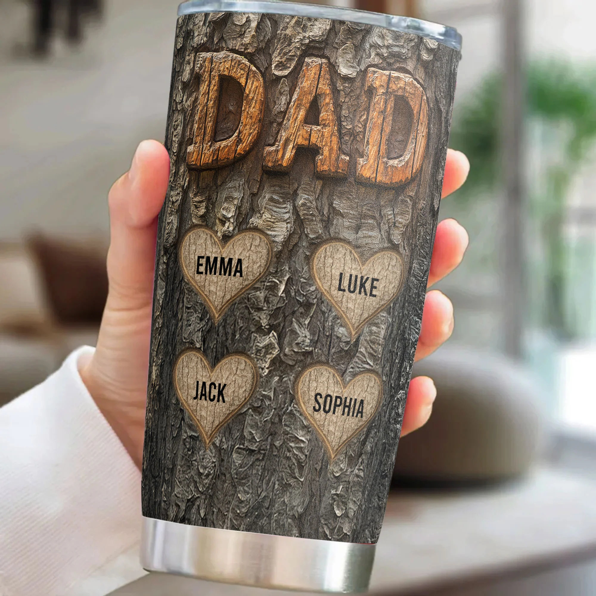Dad With Kids' Names Wood Carved Printed - Personalized Tumbler Cup - Image 3