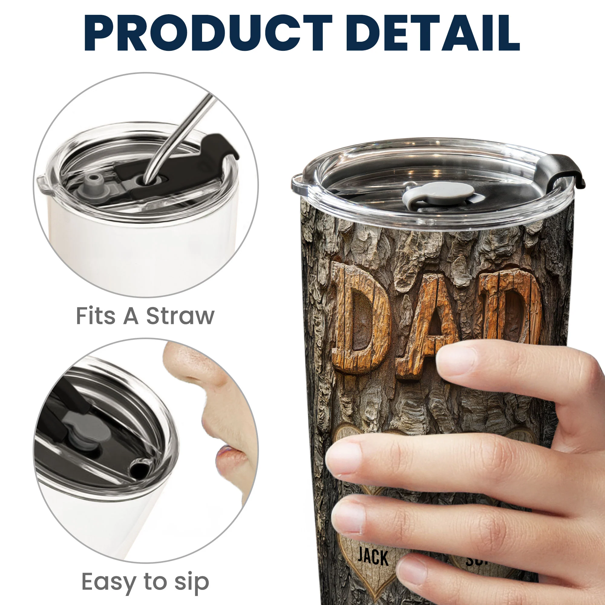 Dad With Kids' Names Wood Carved Printed - Personalized Tumbler Cup - Image 4