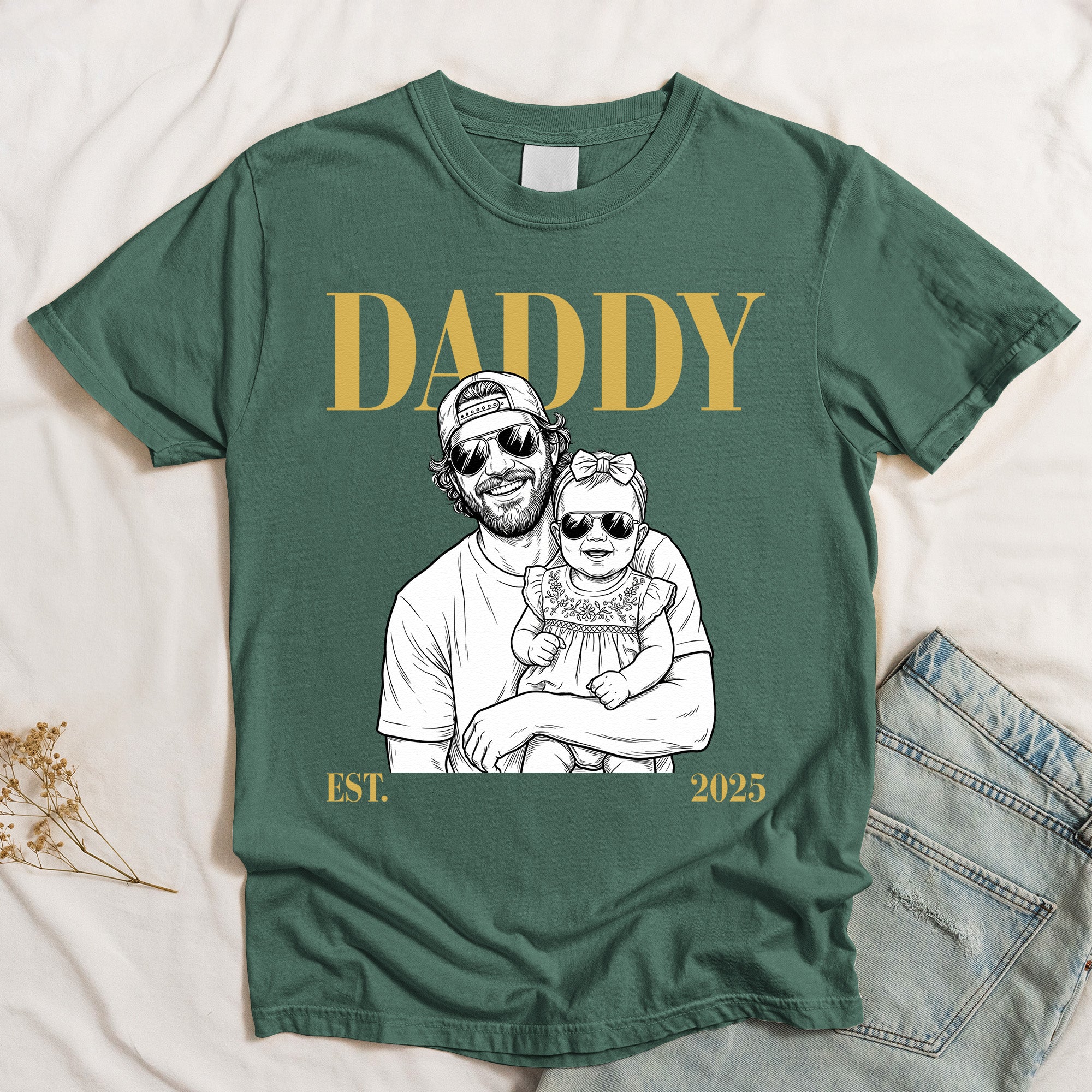 Daddy Est Custom Photo Sketch Line Art Father's Day Gift For Dad, Husband - Personalized Shirt - Image 4