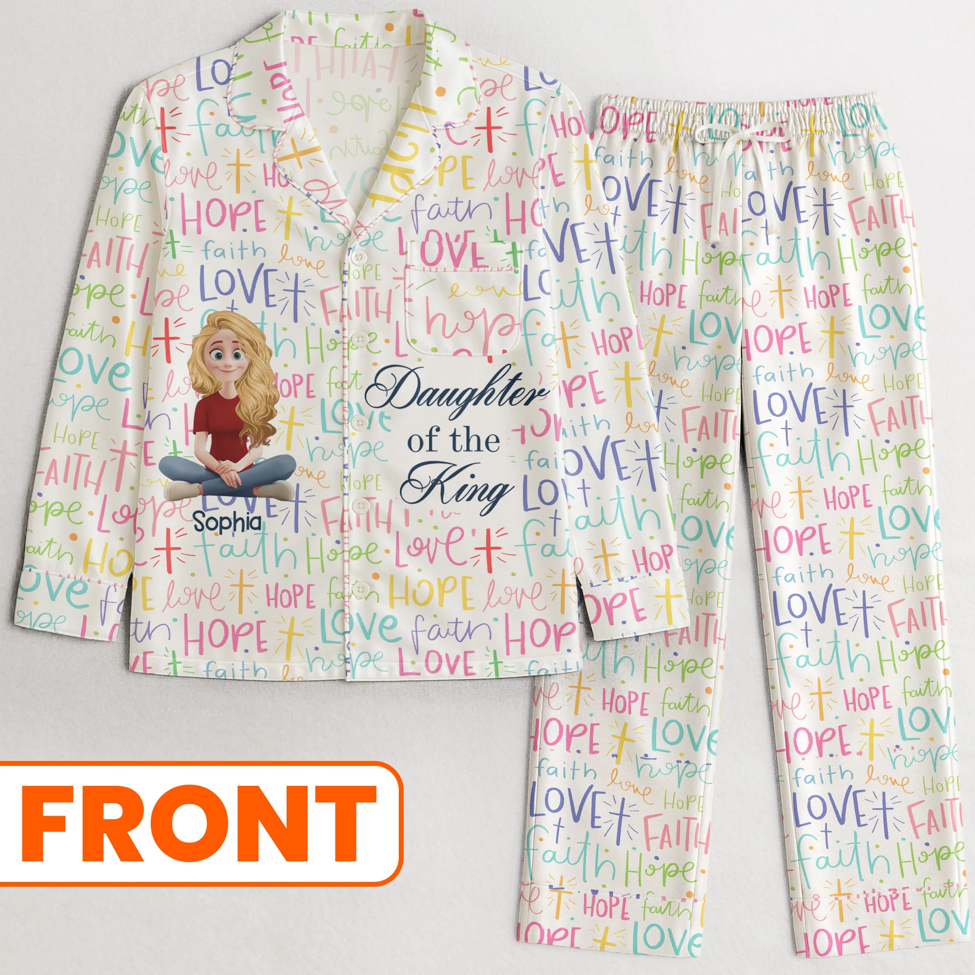 Daughter Of The King With Faith Hope Love - Personalized Satin Pajama Set - Image 2