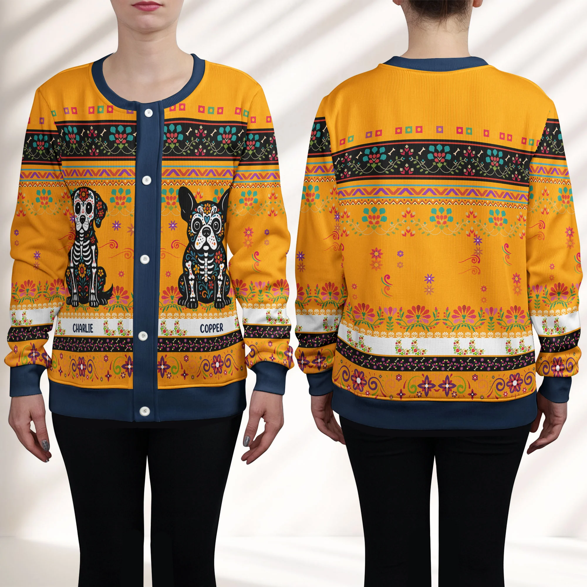 Day Of The Dead Dog Cat Hispanic Mexican Flowers - Personalized Crewneck Cardigan - Image 2
