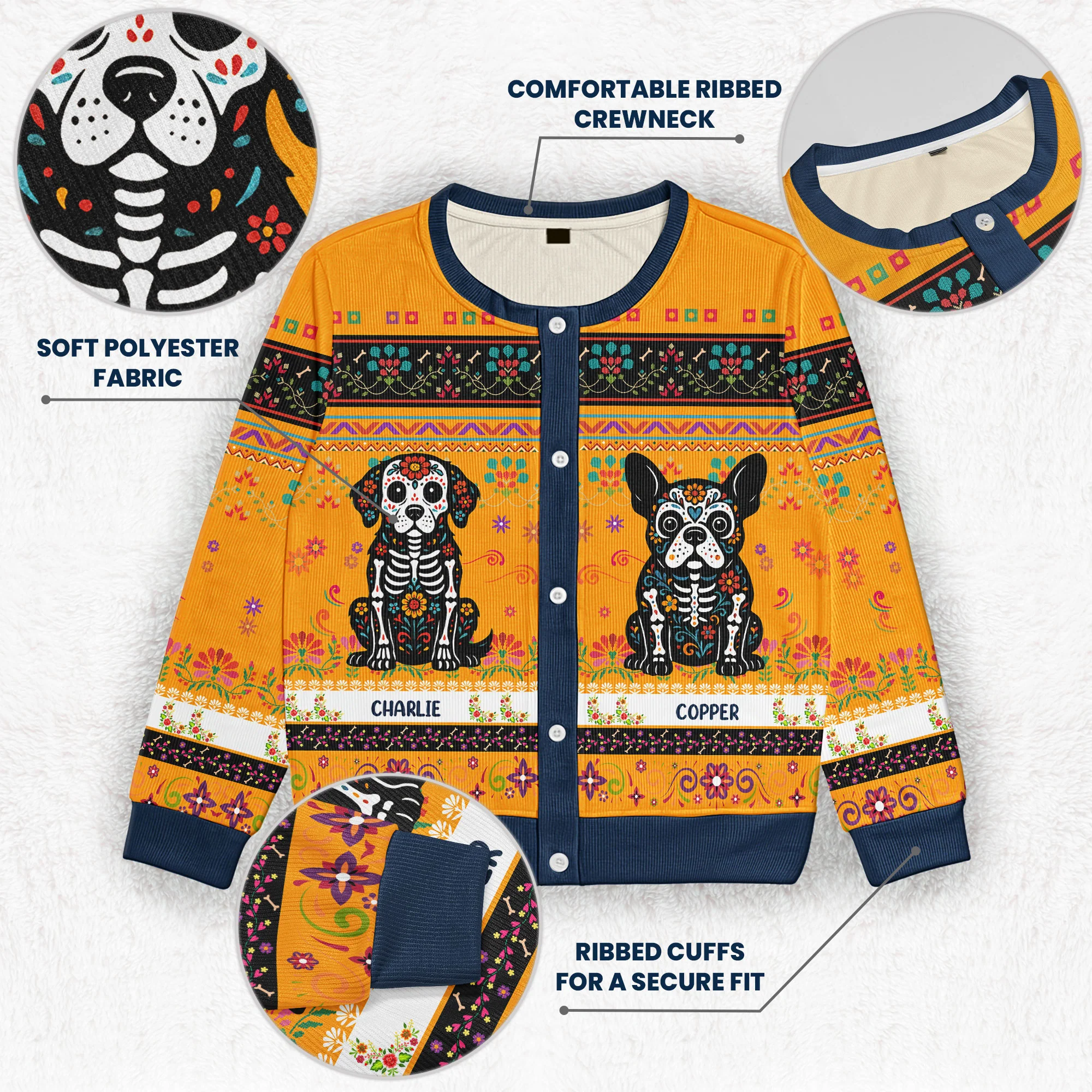 Day Of The Dead Dog Cat Hispanic Mexican Flowers - Personalized Crewneck Cardigan - Image 3