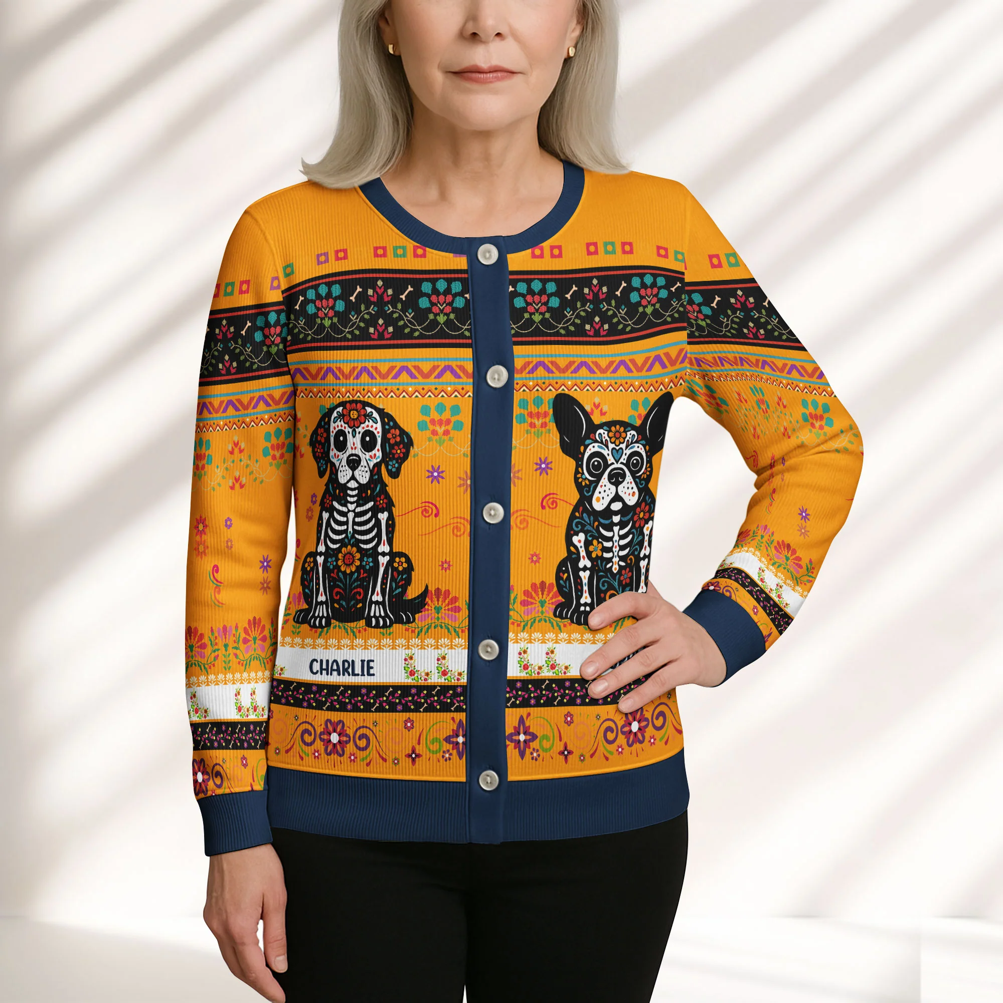 Day Of The Dead Dog Cat Hispanic Mexican Flowers - Personalized Crewneck Cardigan - Image 5