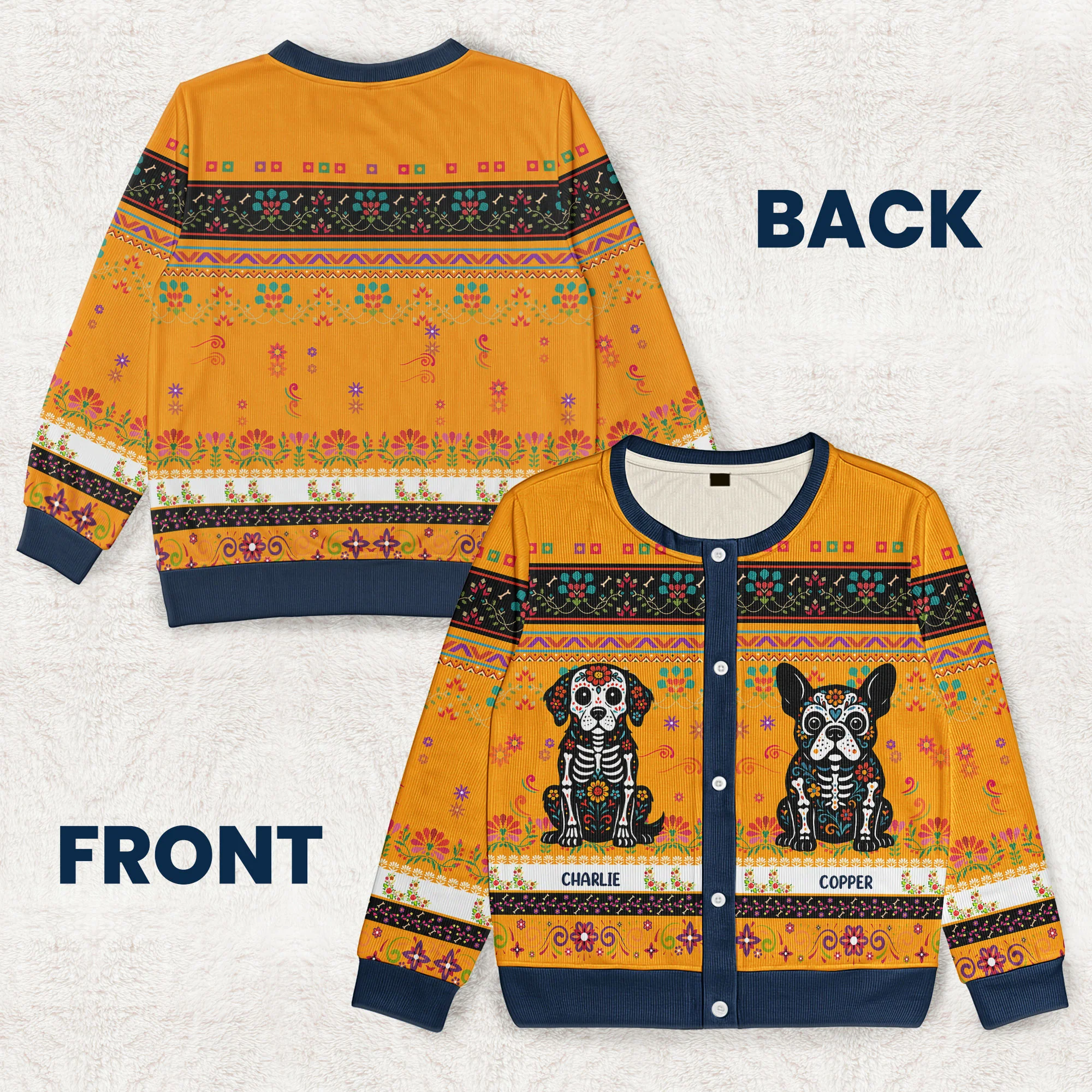 Day Of The Dead Dog Cat Hispanic Mexican Flowers - Personalized Crewneck Cardigan - Image 6