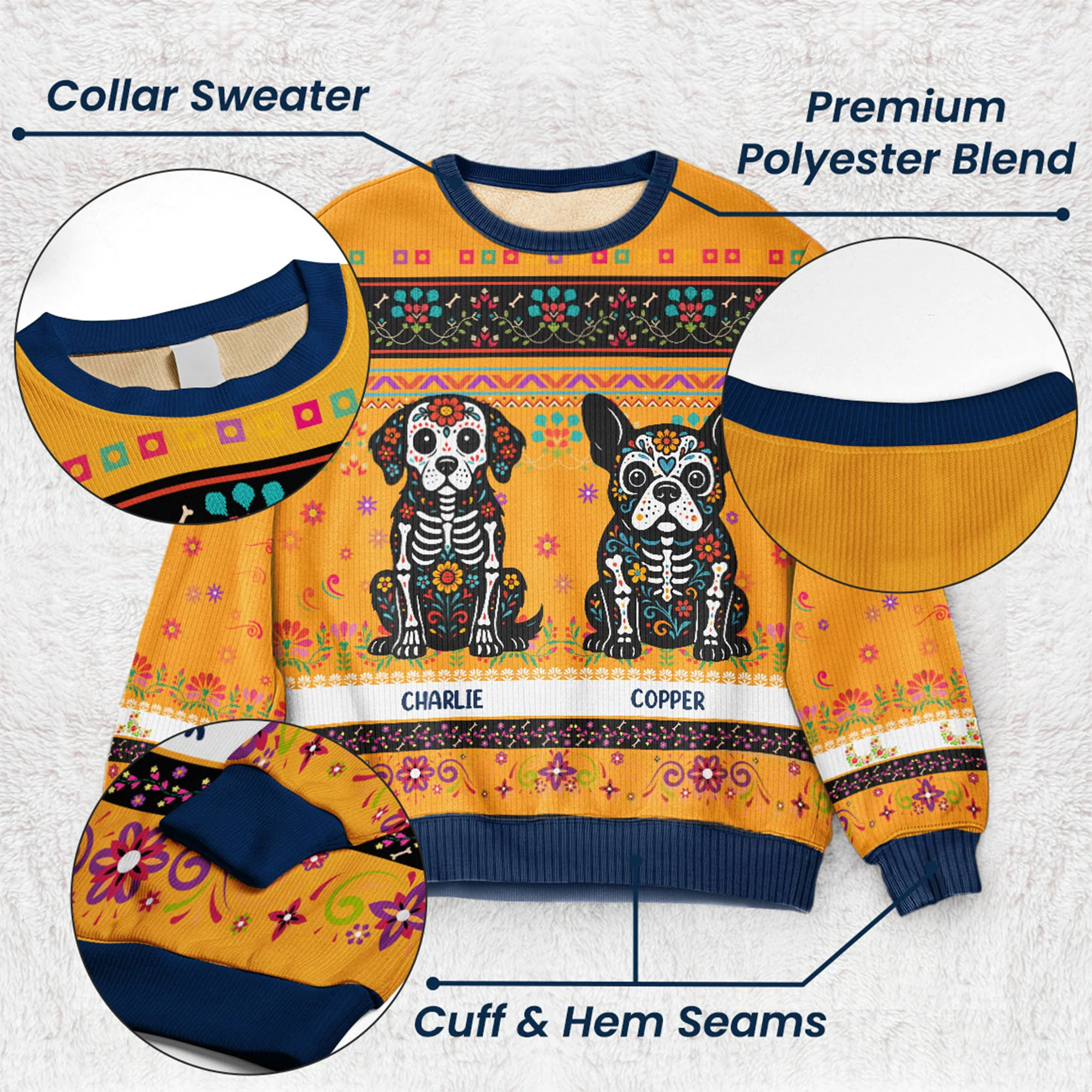 Day Of The Dead Dog Cat Hispanic Mexican Flowers - Personalized Ugly Sweater - Image 4