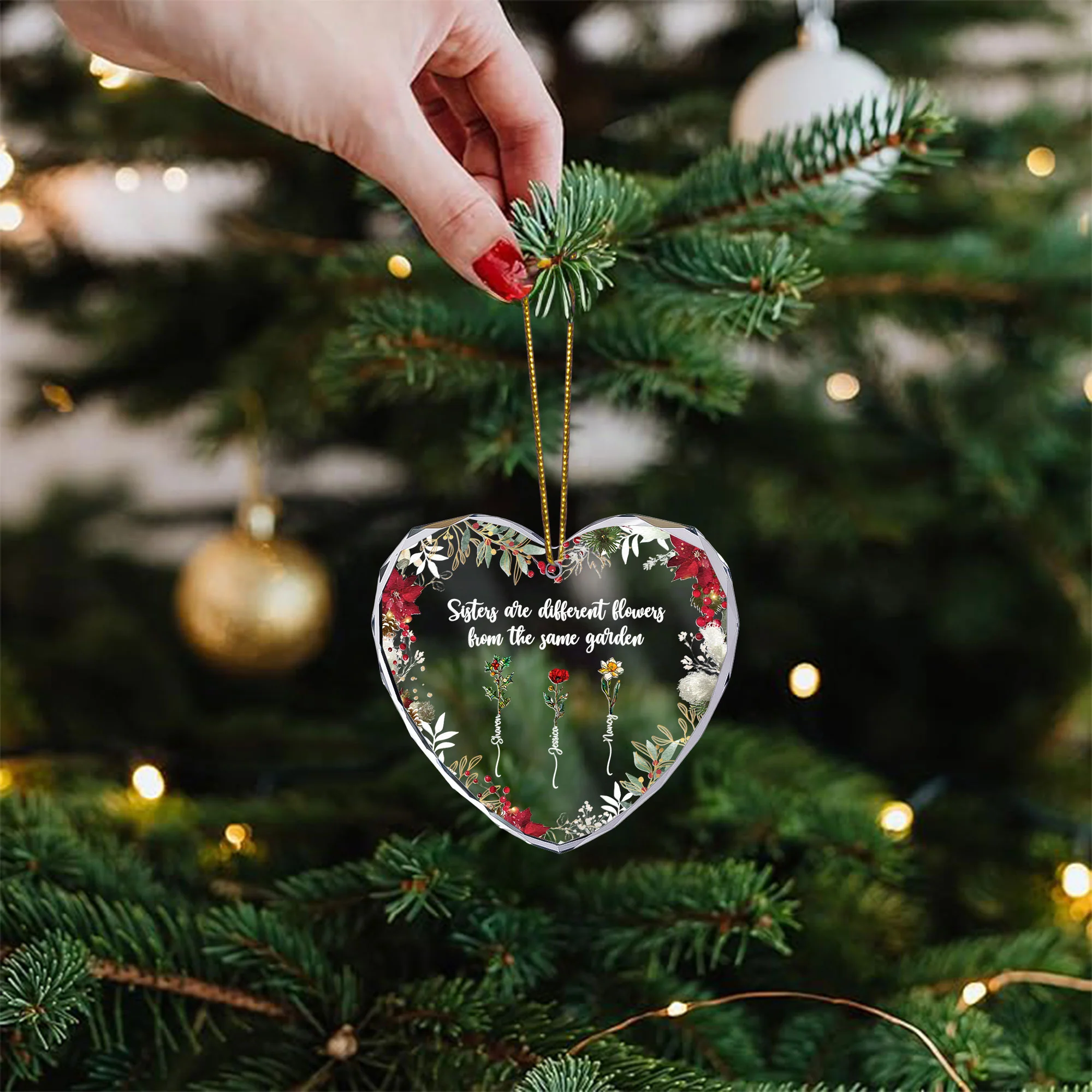 Different Flowers From Same Garden - Personalized Heart Glass Ornament - Image 2