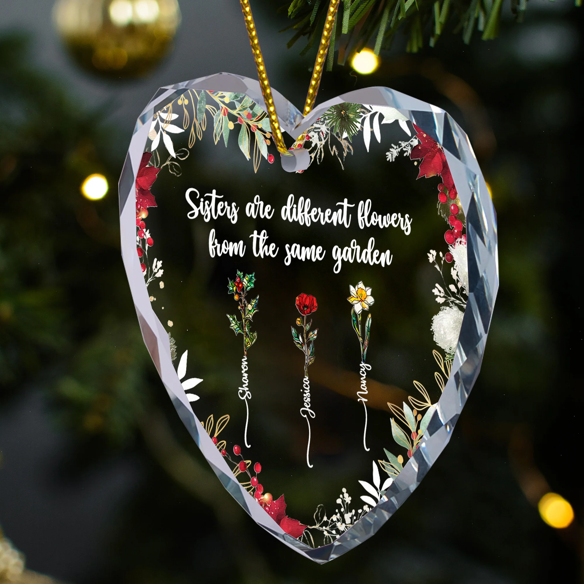 Different Flowers From Same Garden - Personalized Heart Glass Ornament - Image 3
