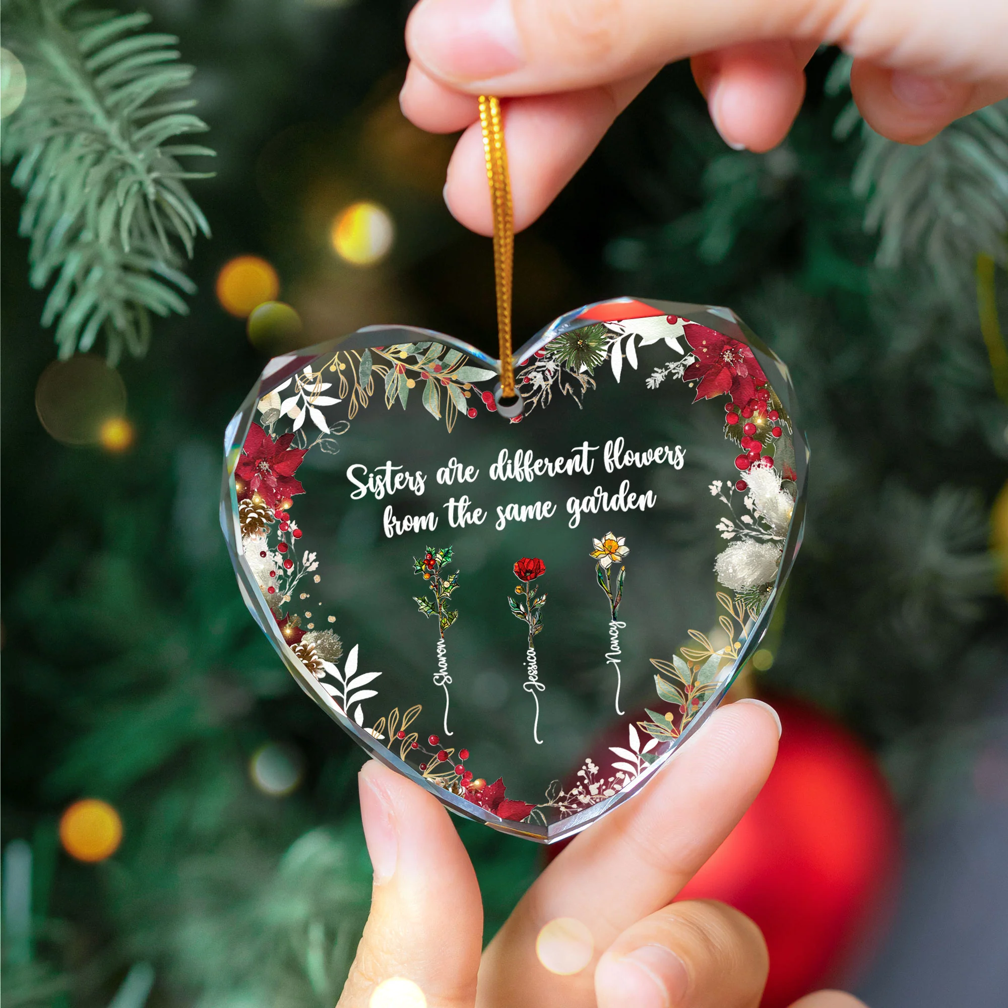 Different Flowers From Same Garden - Personalized Heart Glass Ornament - Image 4