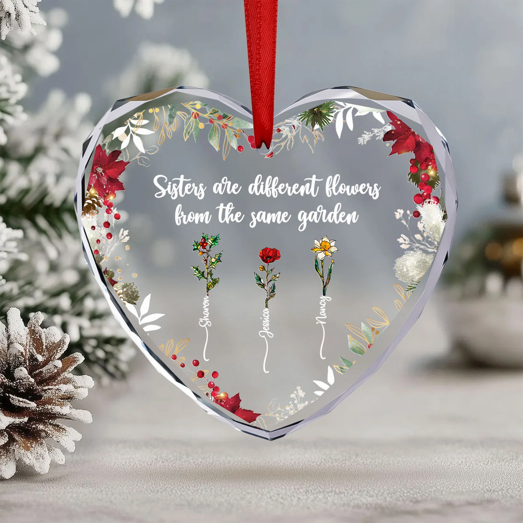 Different Flowers From Same Garden - Personalized Heart Glass Ornament - Image 5