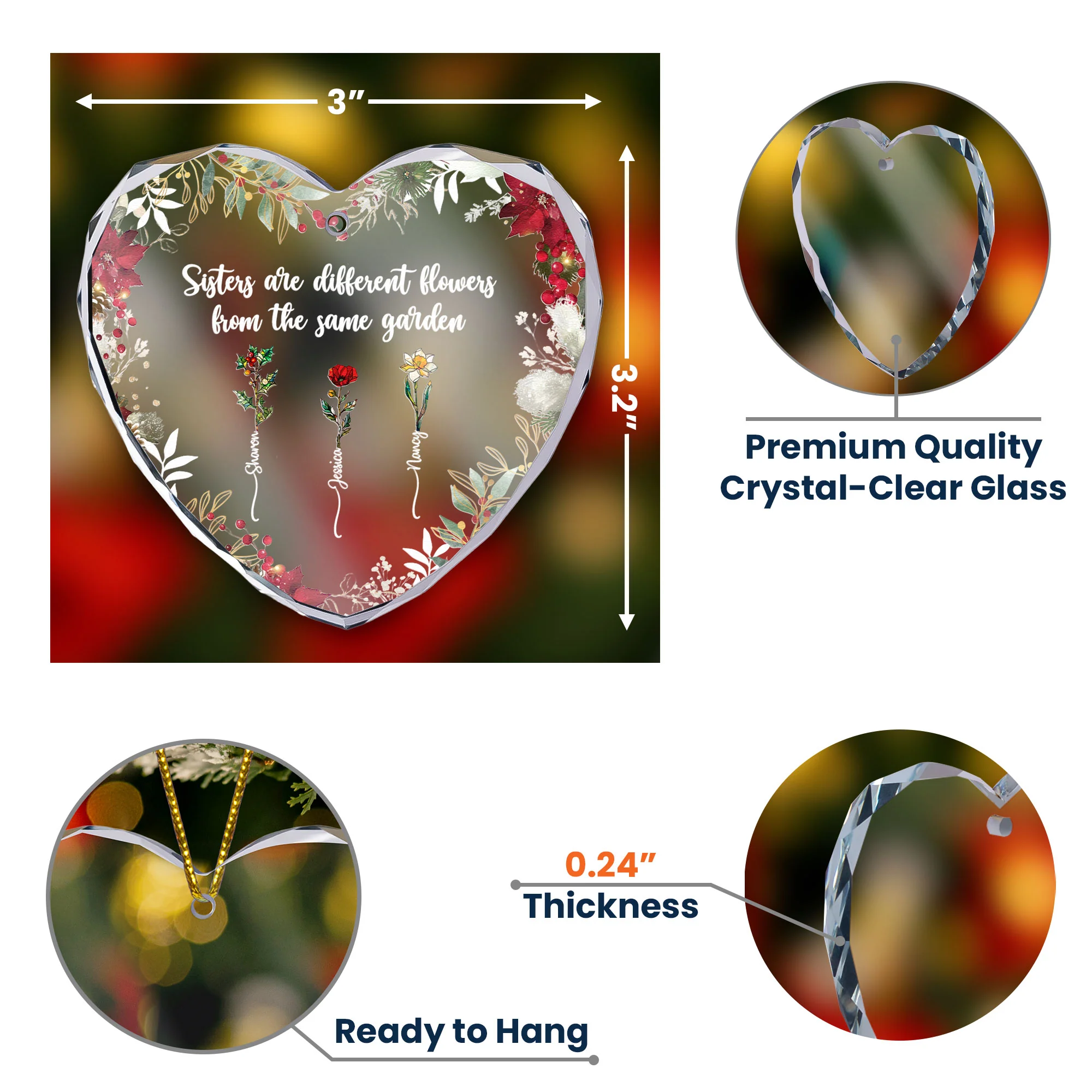 Different Flowers From Same Garden - Personalized Heart Glass Ornament - Image 6