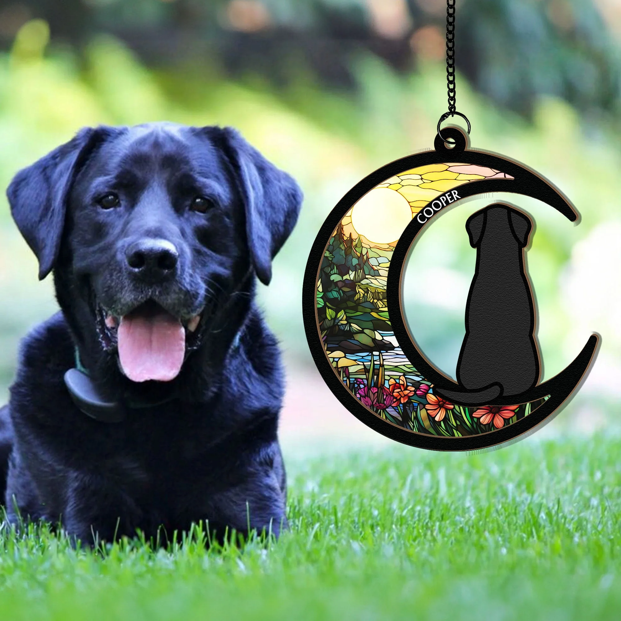 Dog & Cat On Moon - Personalized Window Hanging Suncatcher Ornament - Image 2