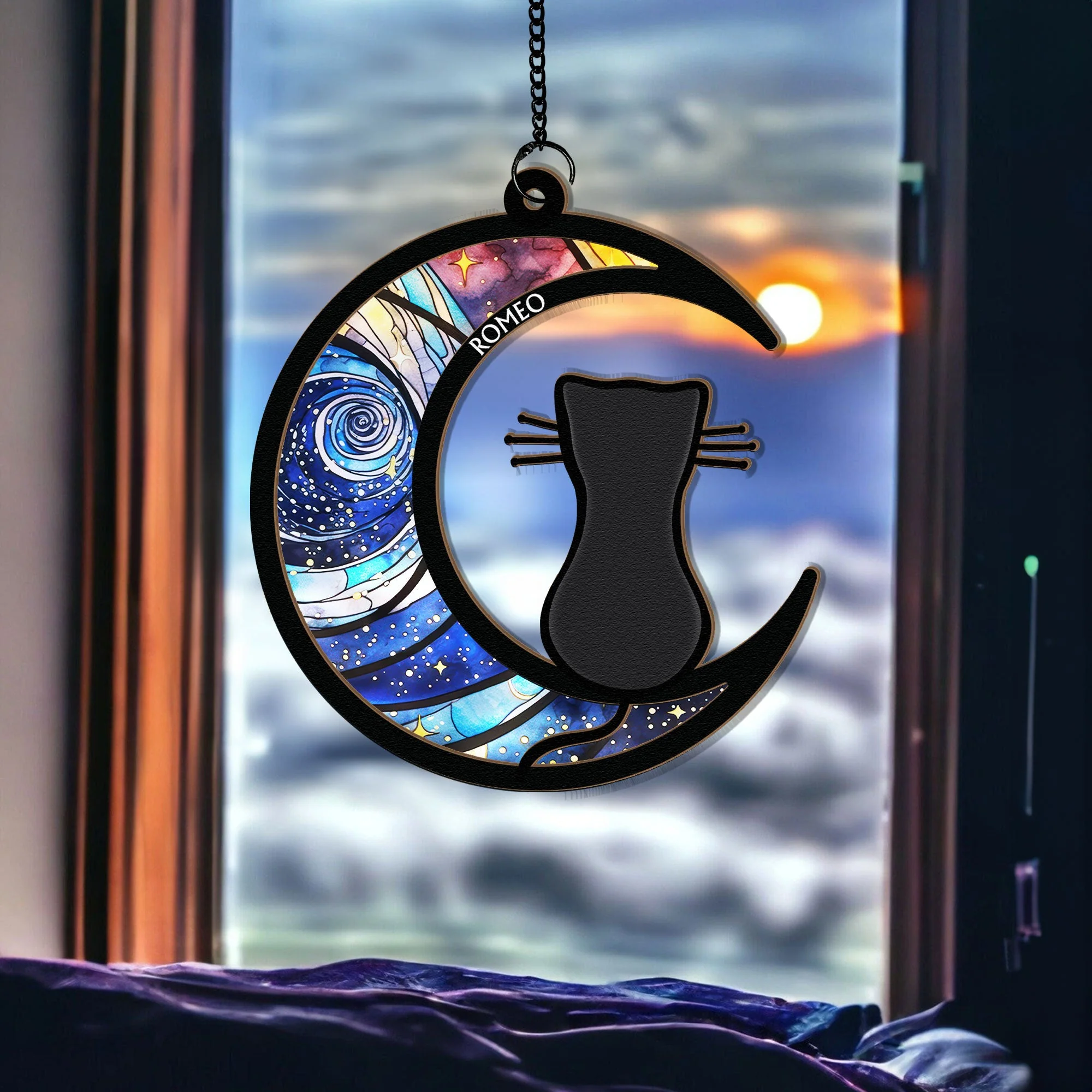 Dog & Cat On Moon - Personalized Window Hanging Suncatcher Ornament - Image 3