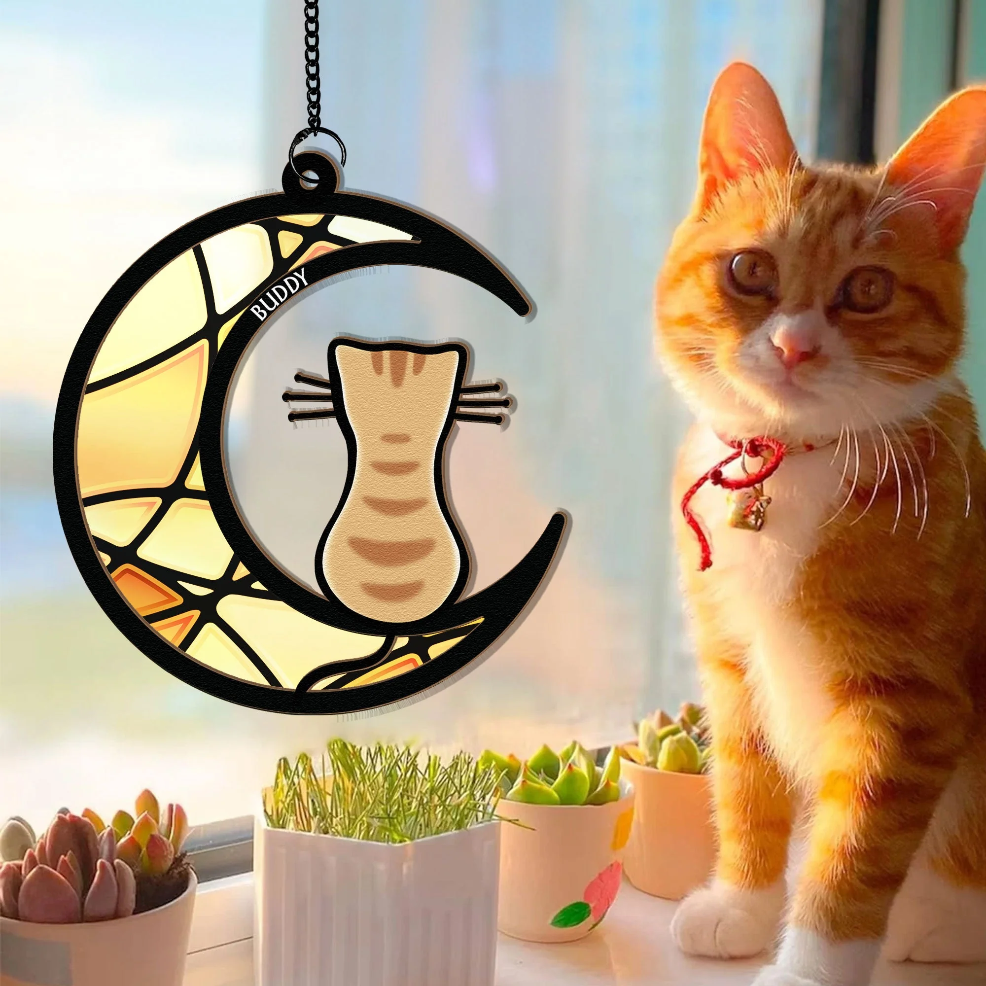 Dog & Cat On Moon - Personalized Window Hanging Suncatcher Ornament - Image 4