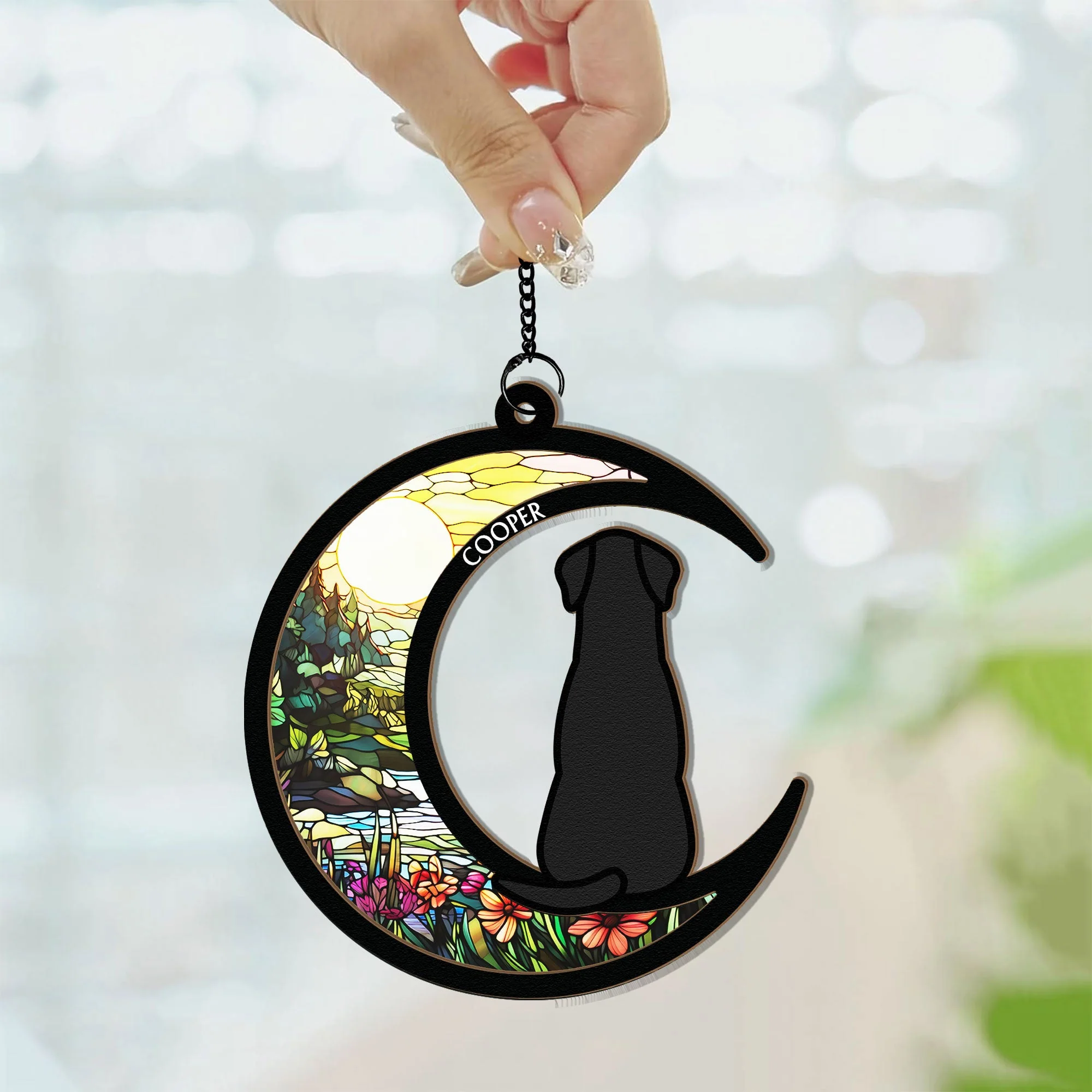 Dog & Cat On Moon - Personalized Window Hanging Suncatcher Ornament - Image 5