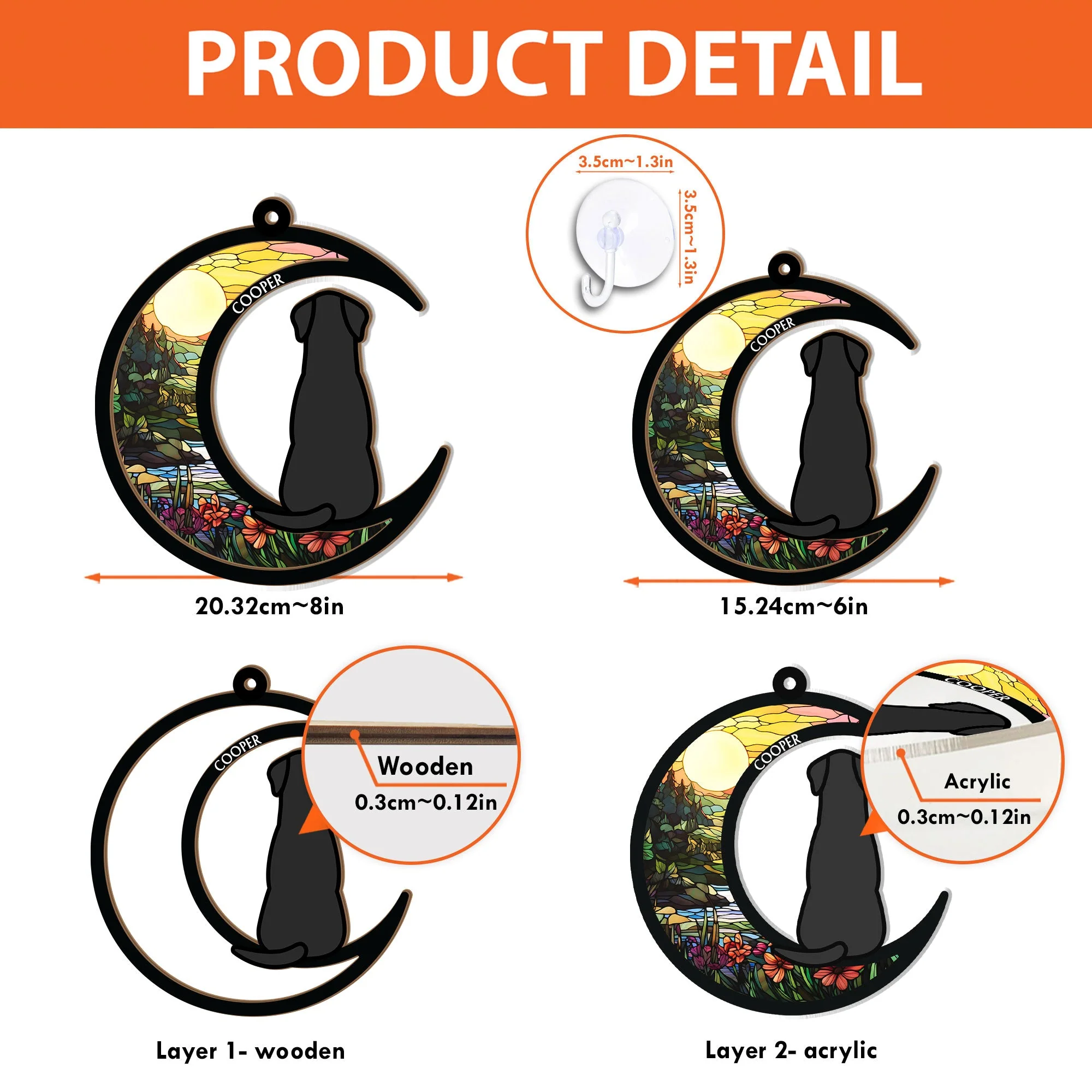 Dog & Cat On Moon - Personalized Window Hanging Suncatcher Ornament - Image 7