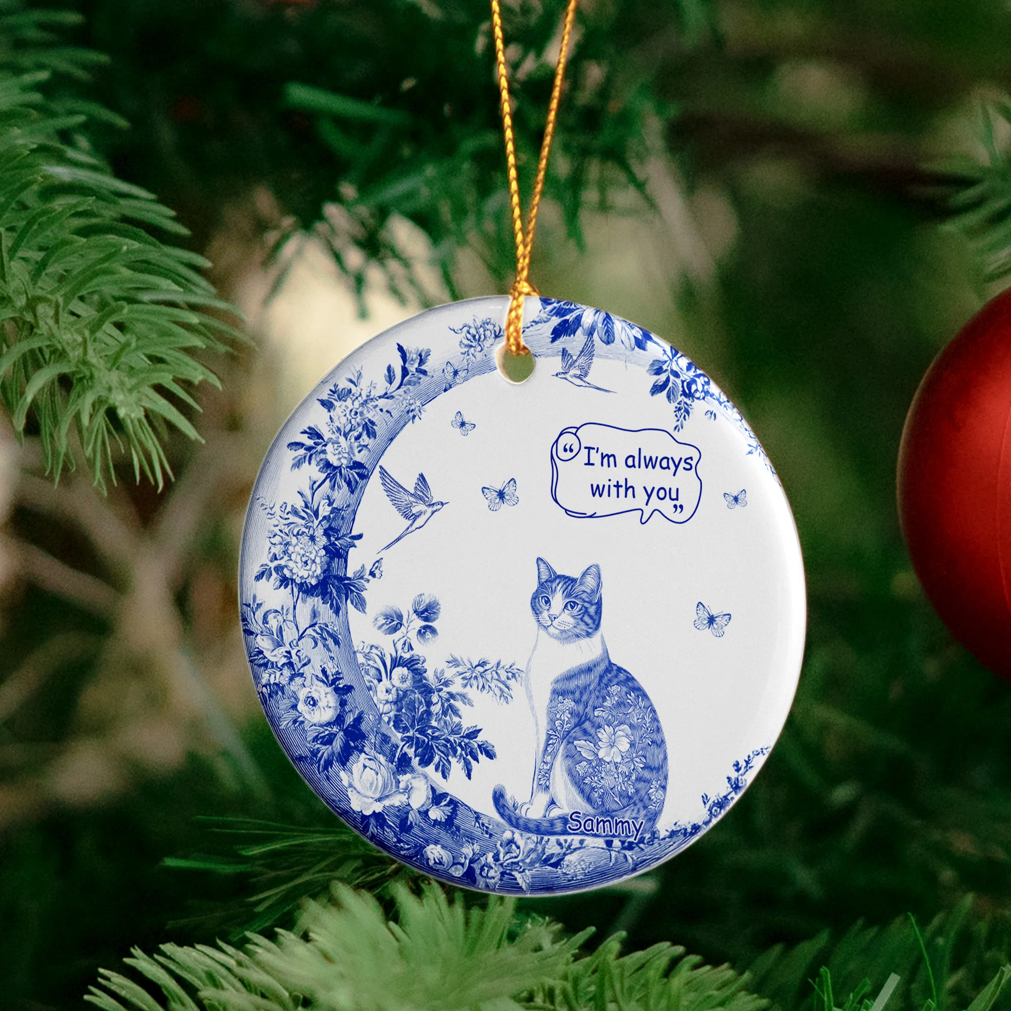 Dog Cat Pet I'm Always With You Toile De Jouy - Personalized Ceramic Ornament - Image 4