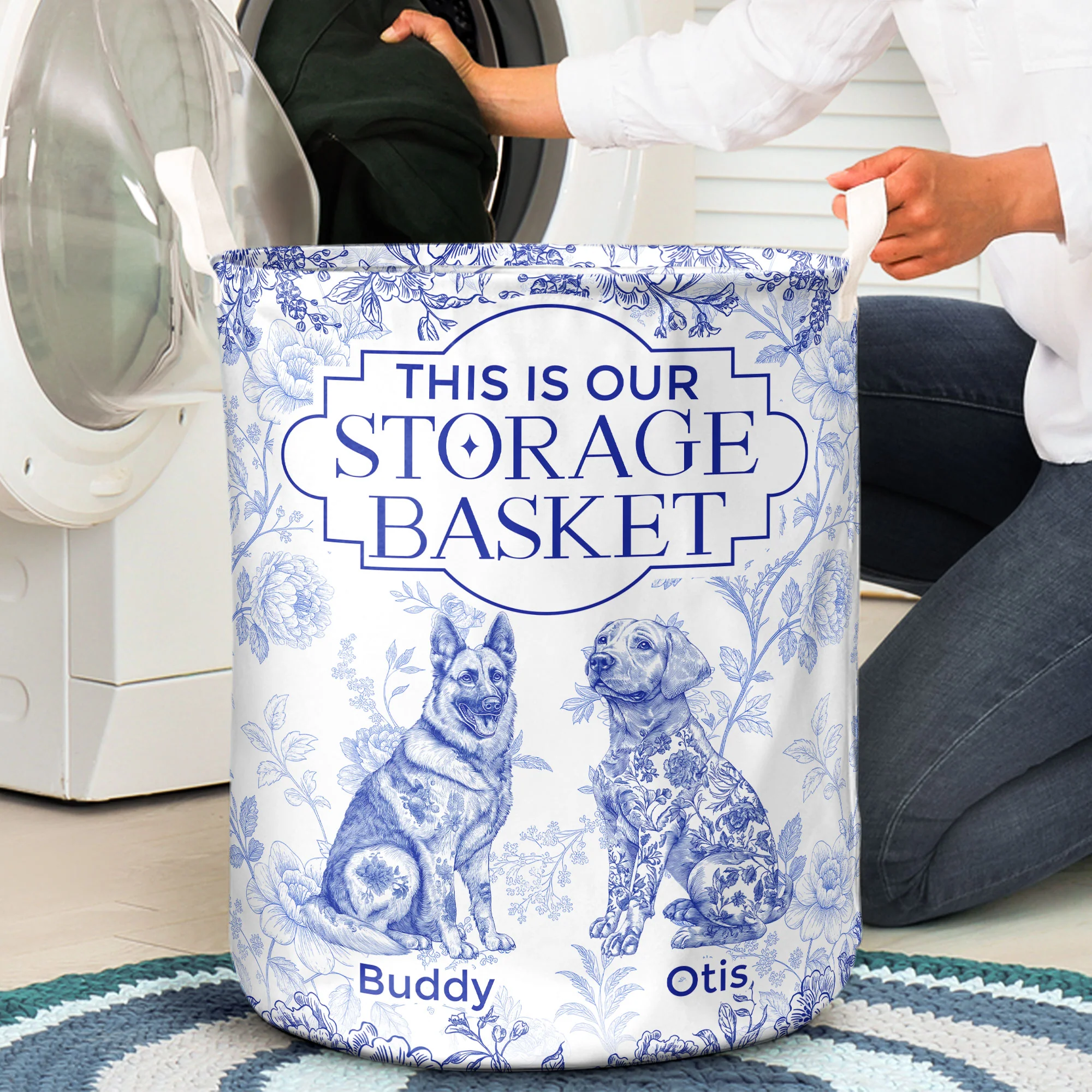 Dog Custom Breeds Floral Toile De Jouy French - Personalized Laundry Storage Basket - Image 3